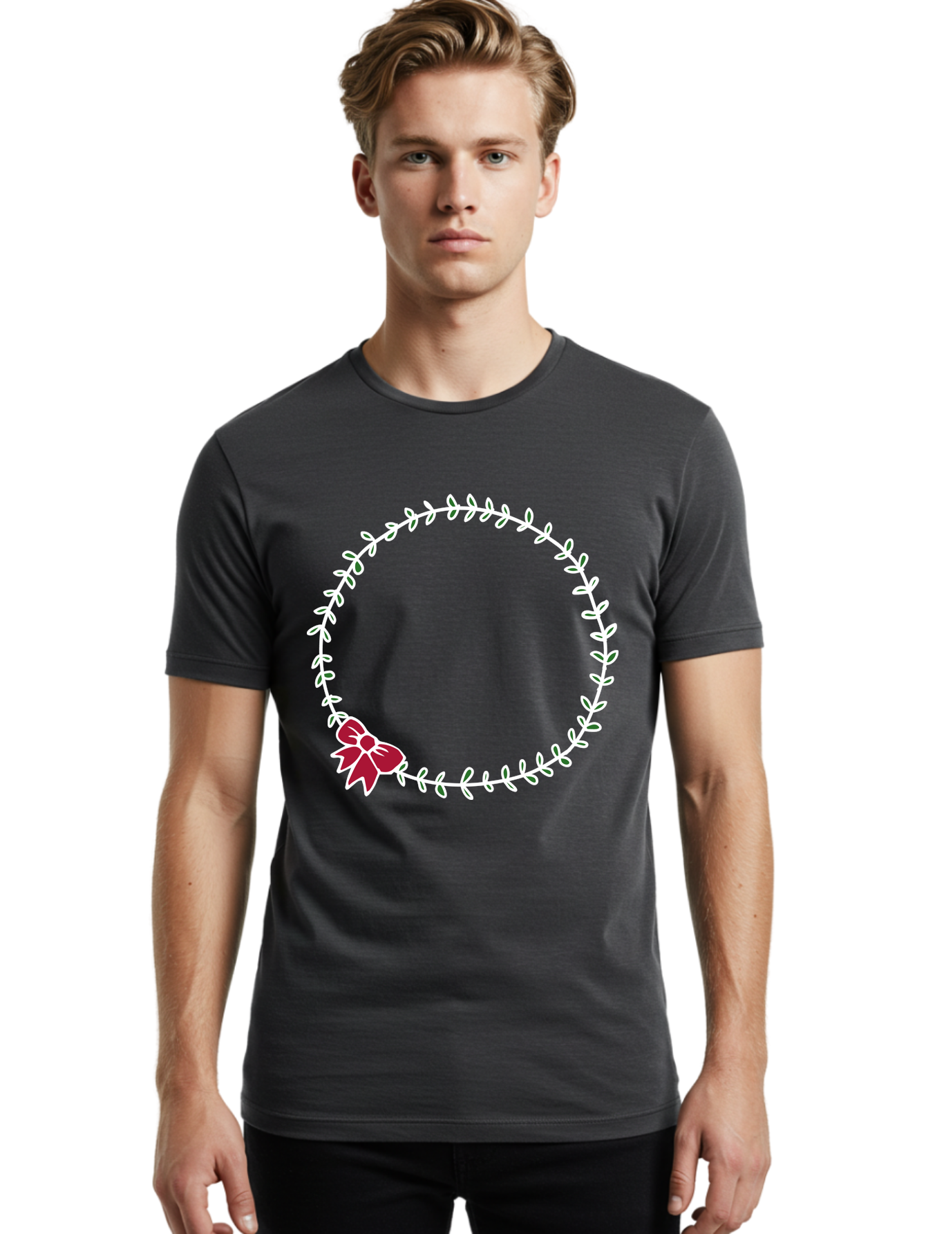 Circular-Wreath-With-Red-Bow Men'S Graphic Tee, 100% Cotton, Comfortable Casual Summer Wear, Machine Washable, Floral Wreath, White Leaves, Red Bow, Decorative Frame, Circular Design, Elegant Border, Festive Decoration, Minimalist Style, -  Aaa835