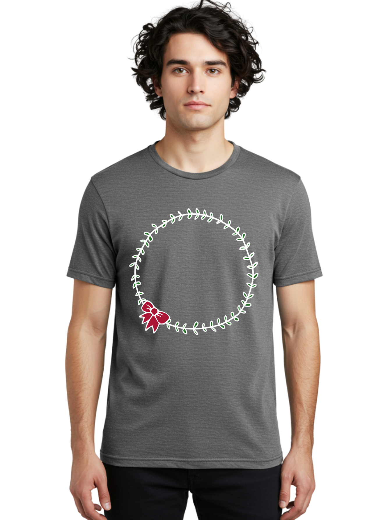 Circular-Wreath-With-Red-Bow Men'S Graphic Tee, 100% Cotton, Comfortable Casual Summer Wear, Machine Washable, Floral Wreath, White Leaves, Red Bow, Decorative Frame, Circular Design, Elegant Border, Festive Decoration, Minimalist Style, -  Aaa835