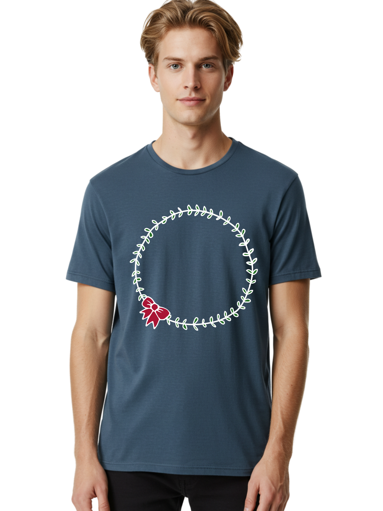 Circular-Wreath-With-Red-Bow Men'S Graphic Tee, 100% Cotton, Comfortable Casual Summer Wear, Machine Washable, Floral Wreath, White Leaves, Red Bow, Decorative Frame, Circular Design, Elegant Border, Festive Decoration, Minimalist Style, -  Aaa835