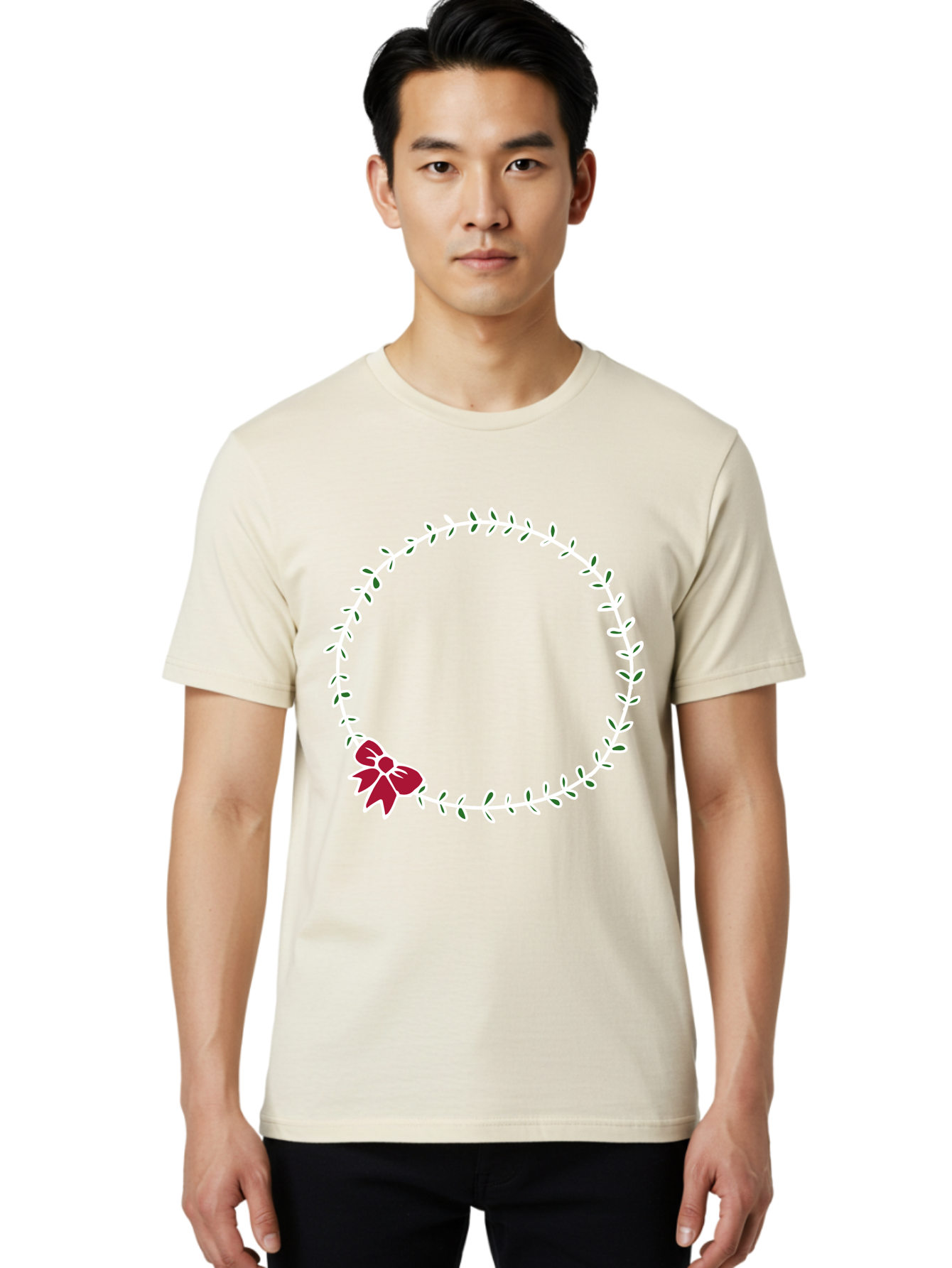 Circular-Wreath-With-Red-Bow Men'S Graphic Tee, 100% Cotton, Comfortable Casual Summer Wear, Machine Washable, Floral Wreath, White Leaves, Red Bow, Decorative Frame, Circular Design, Elegant Border, Festive Decoration, Minimalist Style, -  Aaa835