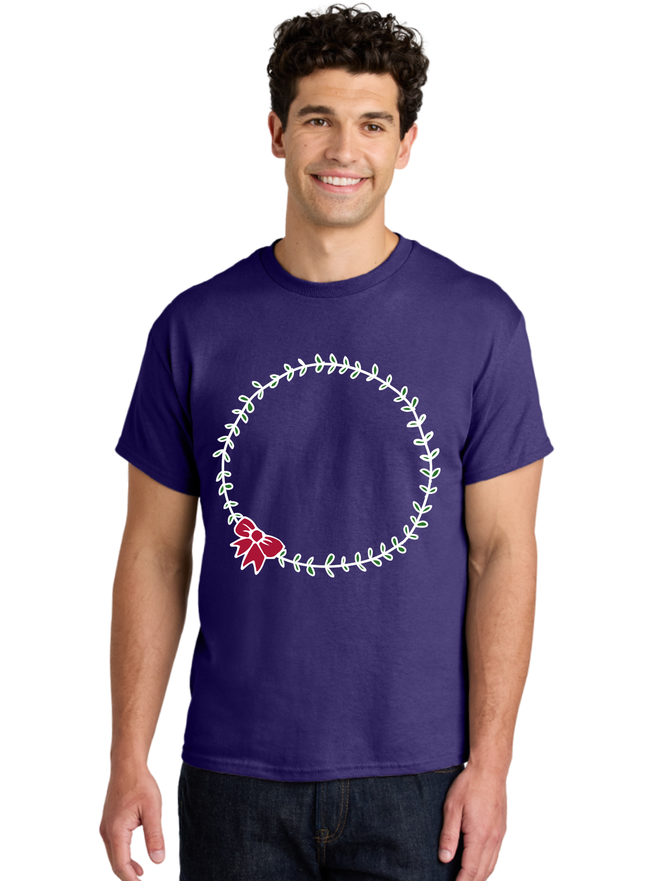 Circular-Wreath-With-Red-Bow Men'S Graphic Tee, 100% Cotton, Comfortable Casual Summer Wear, Machine Washable, Floral Wreath, White Leaves, Red Bow, Decorative Frame, Circular Design, Elegant Border, Festive Decoration, Minimalist Style, -  Aaa835