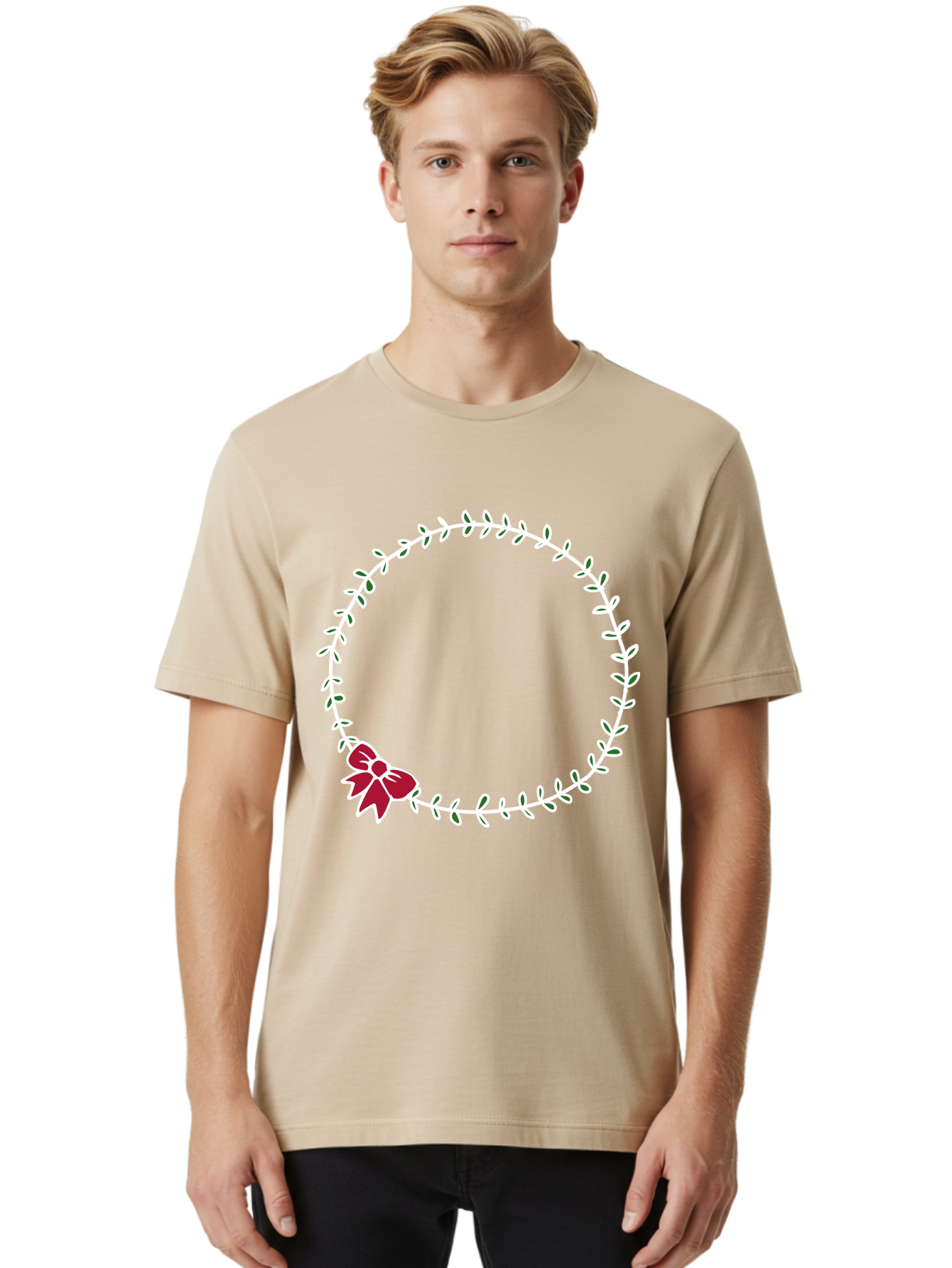 Circular-Wreath-With-Red-Bow Men'S Graphic Tee, 100% Cotton, Comfortable Casual Summer Wear, Machine Washable, Floral Wreath, White Leaves, Red Bow, Decorative Frame, Circular Design, Elegant Border, Festive Decoration, Minimalist Style, -  Aaa835