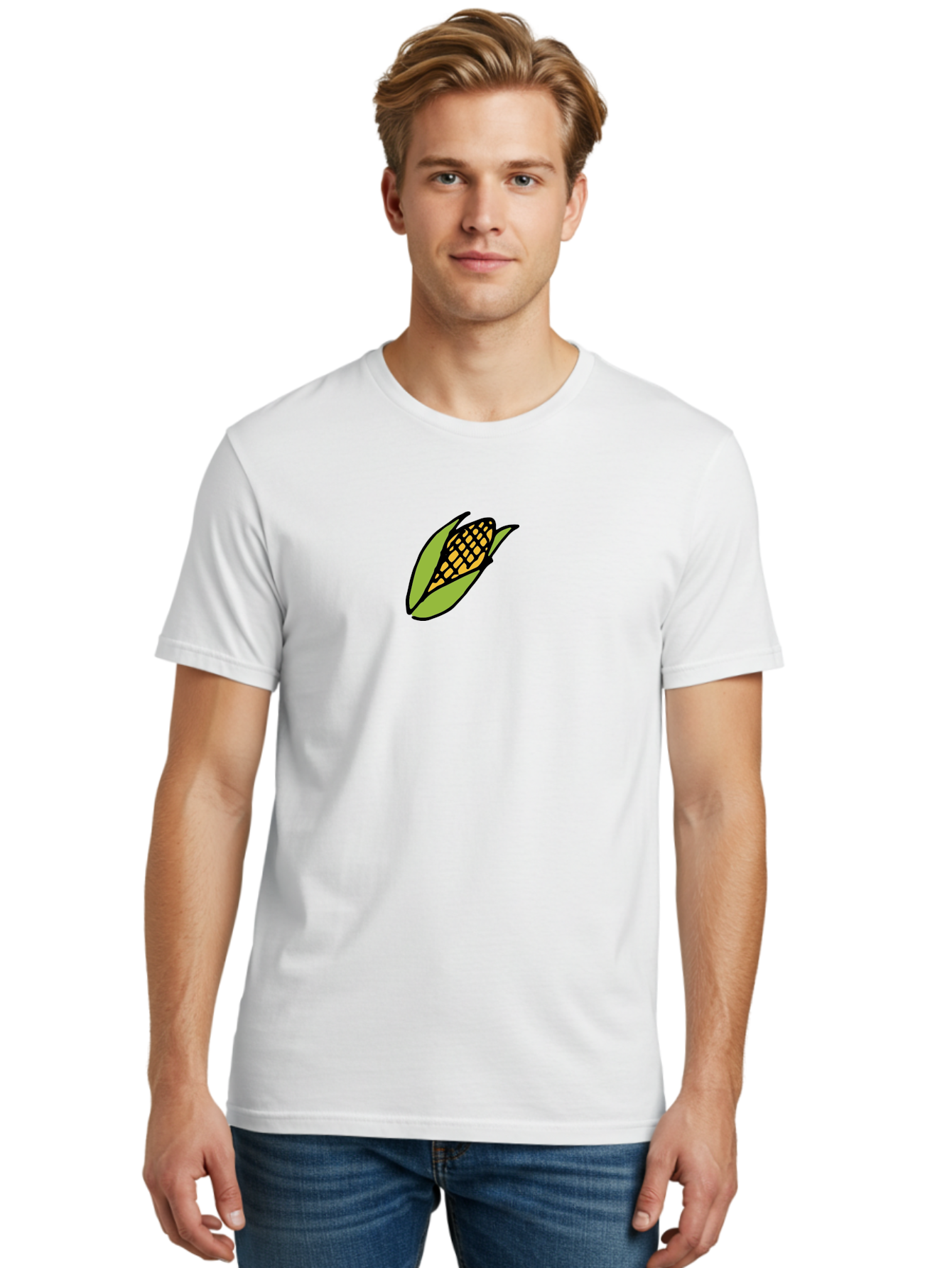 Corn-On-Cob Men'S Graphic Tee, 100% Cotton, Comfortable Casual Summer Wear, Machine Washable, Ear Of Corn, Yellow Kernels, Green Husk, Black Outline, Cartoon Style, Illustration, Vegetable, Food, Agriculture, Harvest -  Aaa841