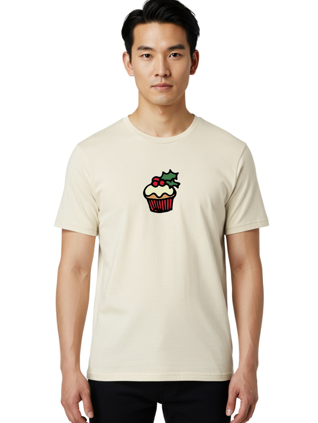 Cupcake-With-Holly Men'S Graphic Tee, 100% Cotton, Comfortable Casual Summer Wear, Machine Washable, Cupcake, Festive Dessert, Sweet Treats, Holiday Decorations, Holly Leaves, Red Berries, White Frosting, Cartoon Style, Dessert Illustration -  Aaa846