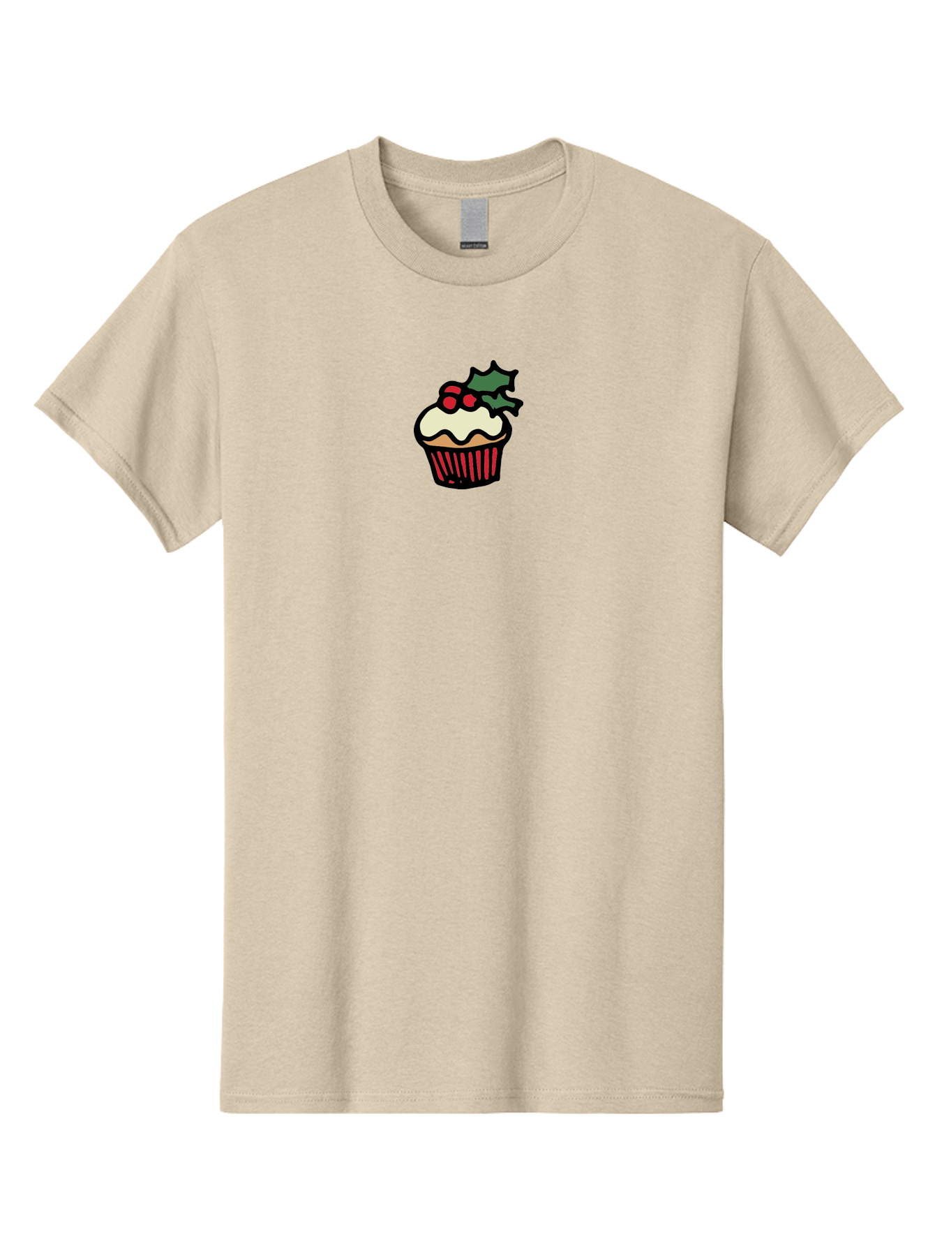 Cupcake-With-Holly Men'S Graphic Tee, 100% Cotton, Comfortable Casual Summer Wear, Machine Washable, Cupcake, Festive Dessert, Sweet Treats, Holiday Decorations, Holly Leaves, Red Berries, White Frosting, Cartoon Style, Dessert Illustration -  Aaa846