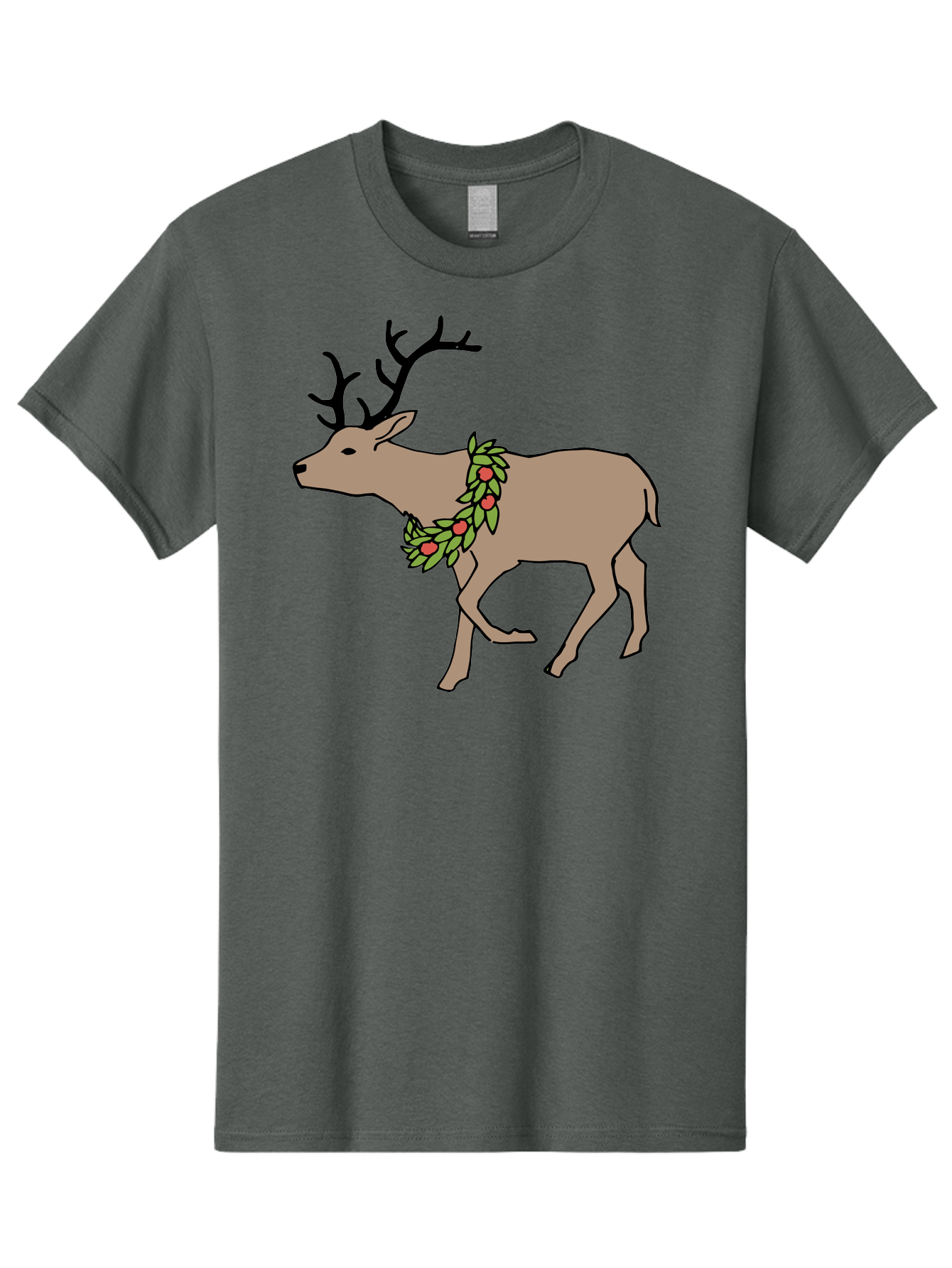 Deer-With-Holly Men'S Graphic Tee, 100% Cotton, Comfortable Casual Summer Wear, Machine Washable, Reindeer With Holly Wreath, Festive Deer, Christmas Reindeer, Holly Berries, Winter Season, Holiday Graphics, Cartoon Deer -  Aaa852