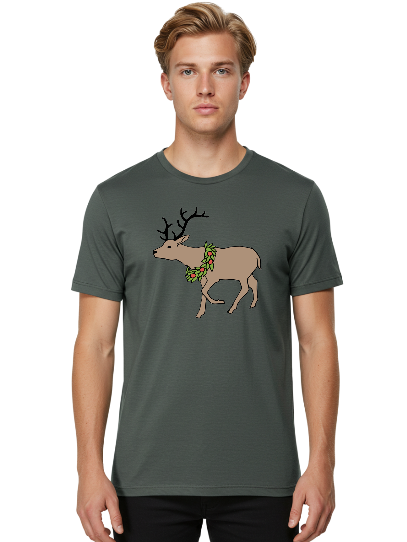 Deer-With-Holly Men'S Graphic Tee, 100% Cotton, Comfortable Casual Summer Wear, Machine Washable, Reindeer With Holly Wreath, Festive Deer, Christmas Reindeer, Holly Berries, Winter Season, Holiday Graphics, Cartoon Deer -  Aaa852