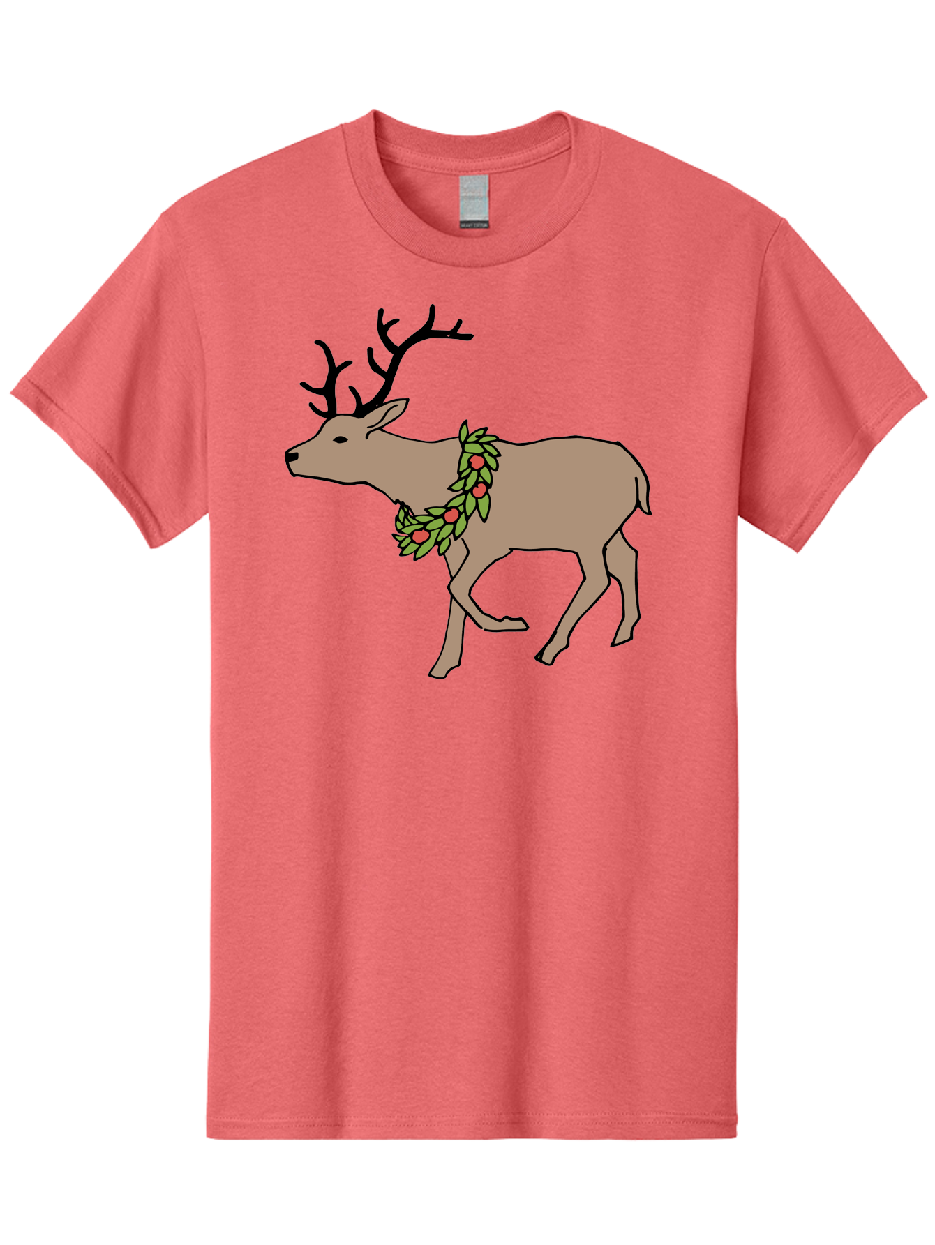 Deer-With-Holly Men'S Graphic Tee, 100% Cotton, Comfortable Casual Summer Wear, Machine Washable, Reindeer With Holly Wreath, Festive Deer, Christmas Reindeer, Holly Berries, Winter Season, Holiday Graphics, Cartoon Deer -  Aaa852