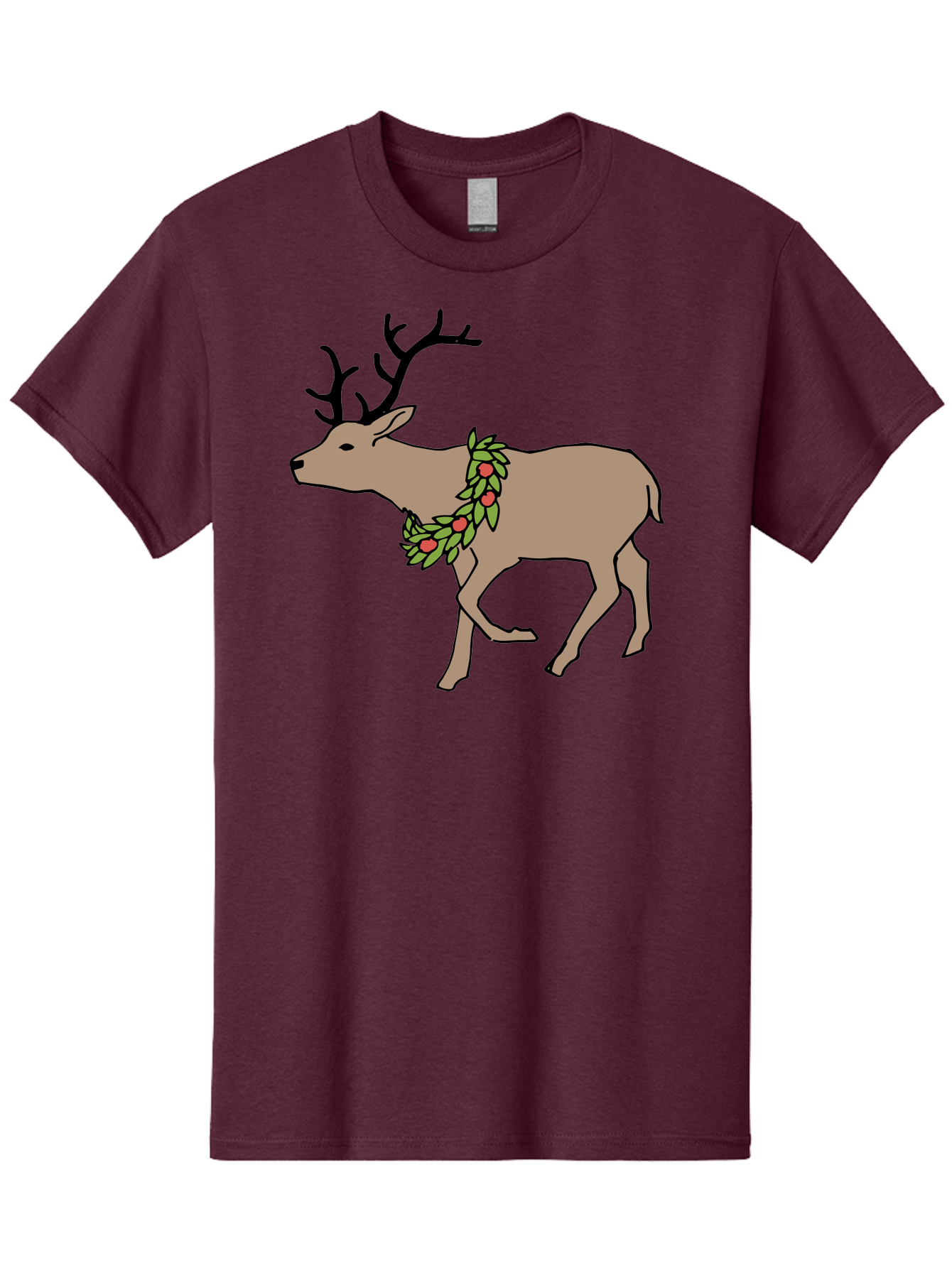 Deer-With-Holly Men'S Graphic Tee, 100% Cotton, Comfortable Casual Summer Wear, Machine Washable, Reindeer With Holly Wreath, Festive Deer, Christmas Reindeer, Holly Berries, Winter Season, Holiday Graphics, Cartoon Deer -  Aaa852
