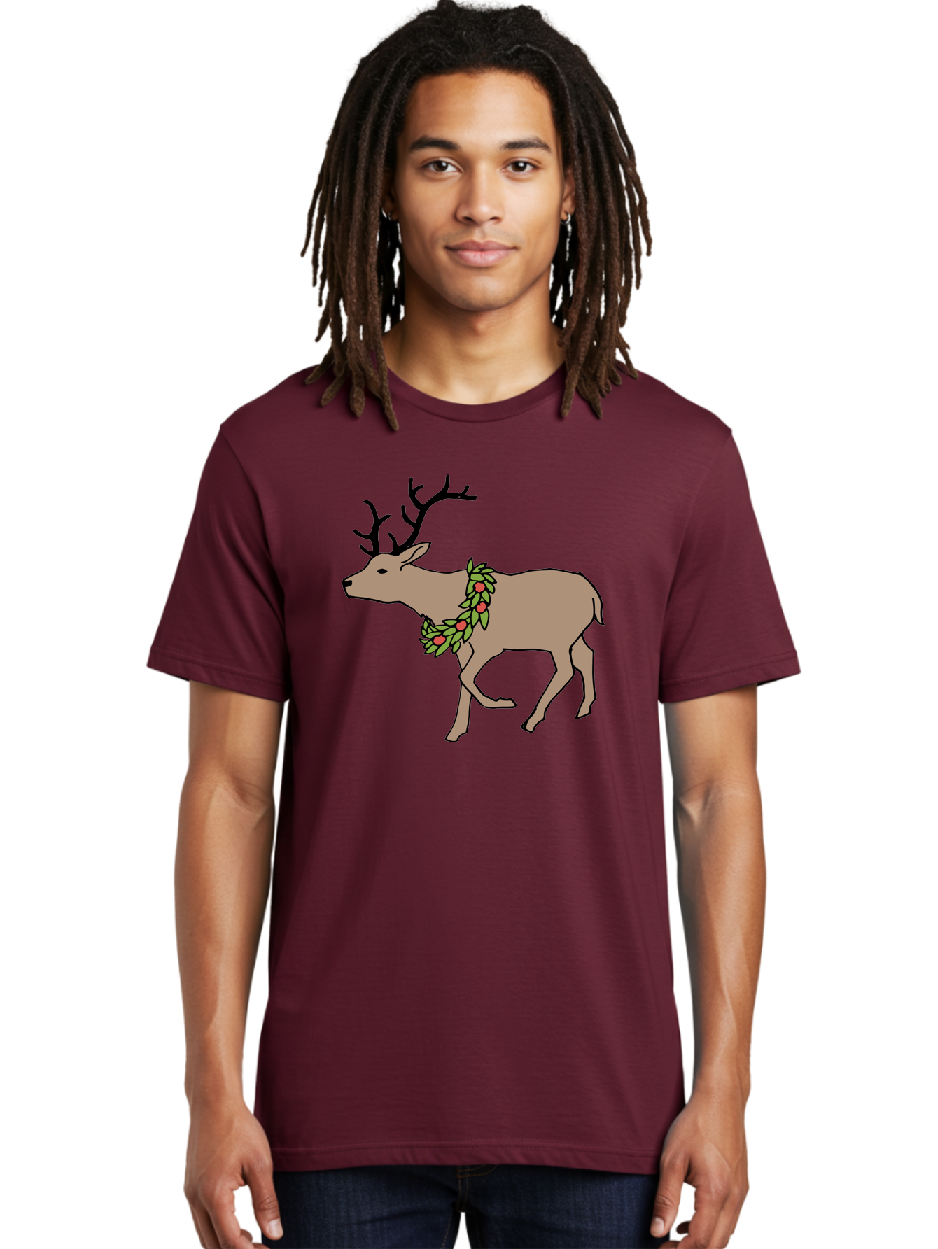 Deer-With-Holly Men'S Graphic Tee, 100% Cotton, Comfortable Casual Summer Wear, Machine Washable, Reindeer With Holly Wreath, Festive Deer, Christmas Reindeer, Holly Berries, Winter Season, Holiday Graphics, Cartoon Deer -  Aaa852