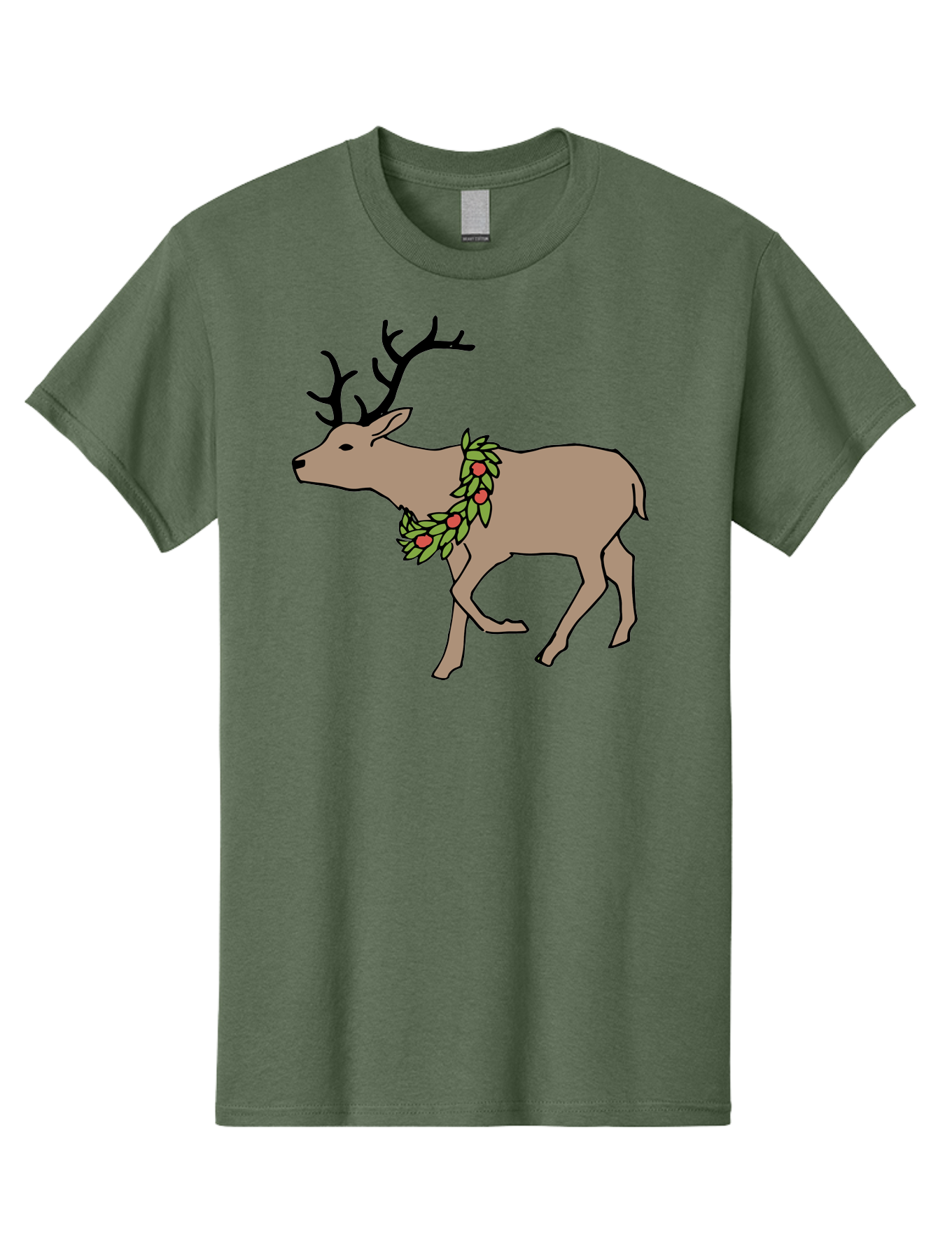 Deer-With-Holly Men'S Graphic Tee, 100% Cotton, Comfortable Casual Summer Wear, Machine Washable, Reindeer With Holly Wreath, Festive Deer, Christmas Reindeer, Holly Berries, Winter Season, Holiday Graphics, Cartoon Deer -  Aaa852