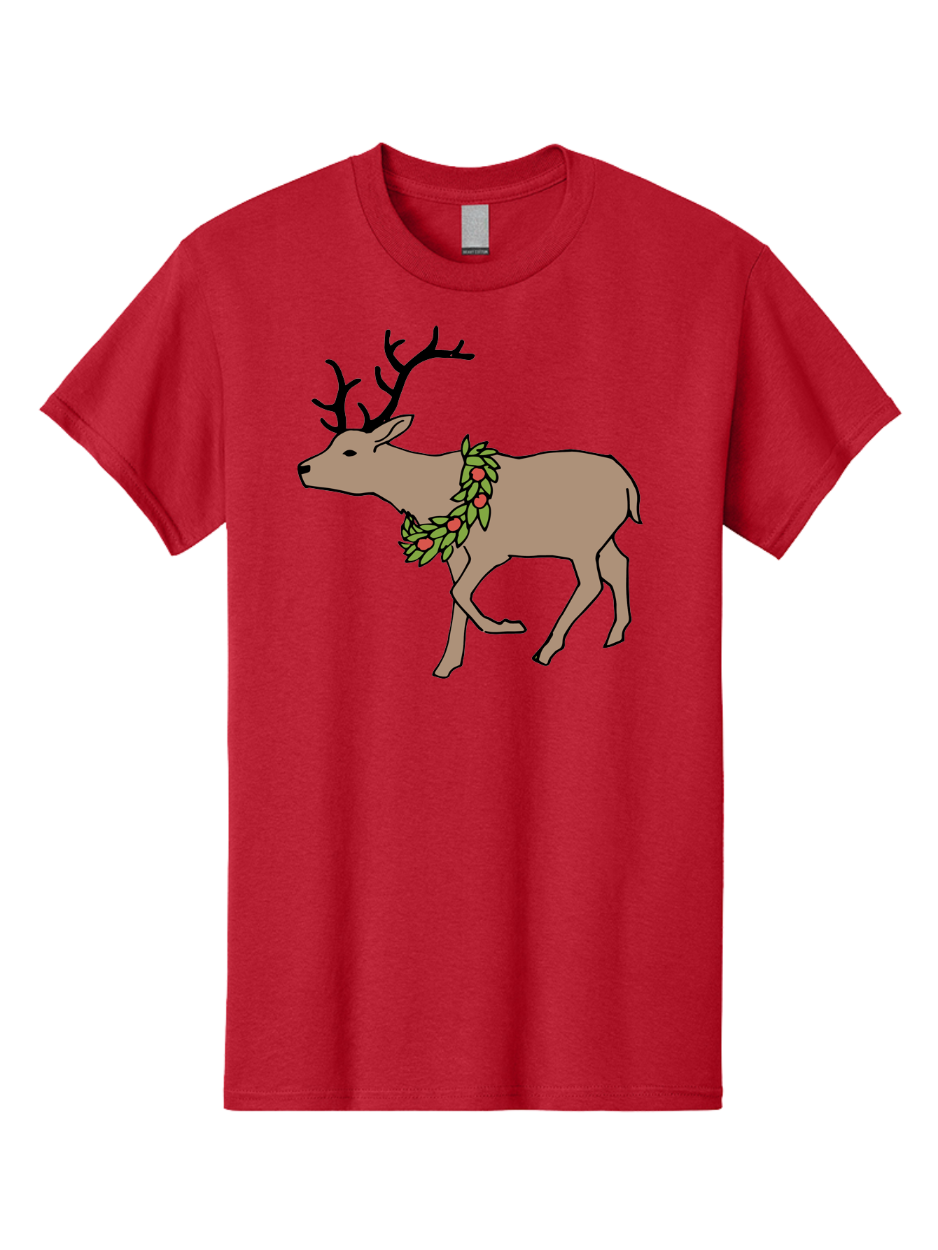 Deer-With-Holly Men'S Graphic Tee, 100% Cotton, Comfortable Casual Summer Wear, Machine Washable, Reindeer With Holly Wreath, Festive Deer, Christmas Reindeer, Holly Berries, Winter Season, Holiday Graphics, Cartoon Deer -  Aaa852