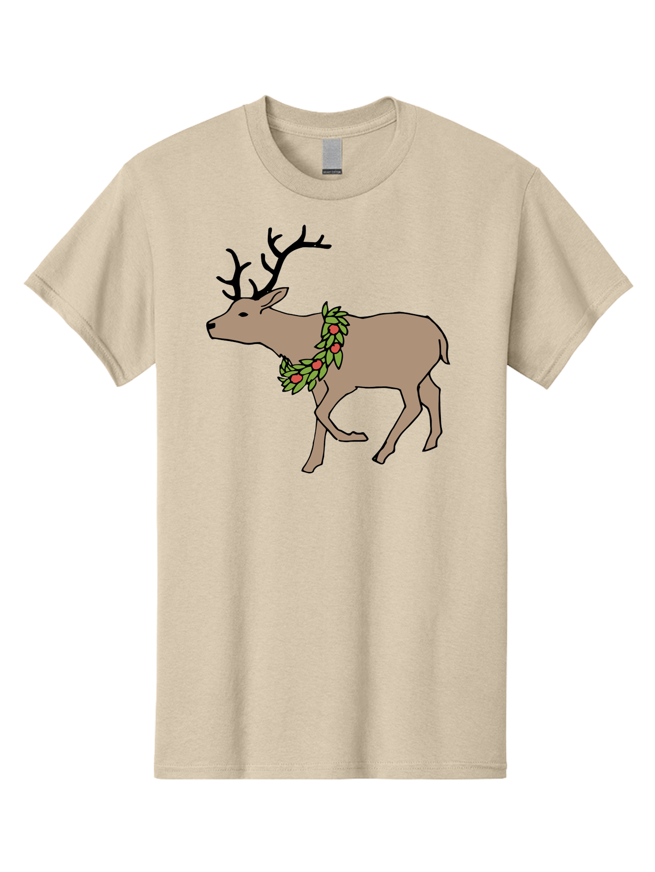 Deer-With-Holly Men'S Graphic Tee, 100% Cotton, Comfortable Casual Summer Wear, Machine Washable, Reindeer With Holly Wreath, Festive Deer, Christmas Reindeer, Holly Berries, Winter Season, Holiday Graphics, Cartoon Deer -  Aaa852