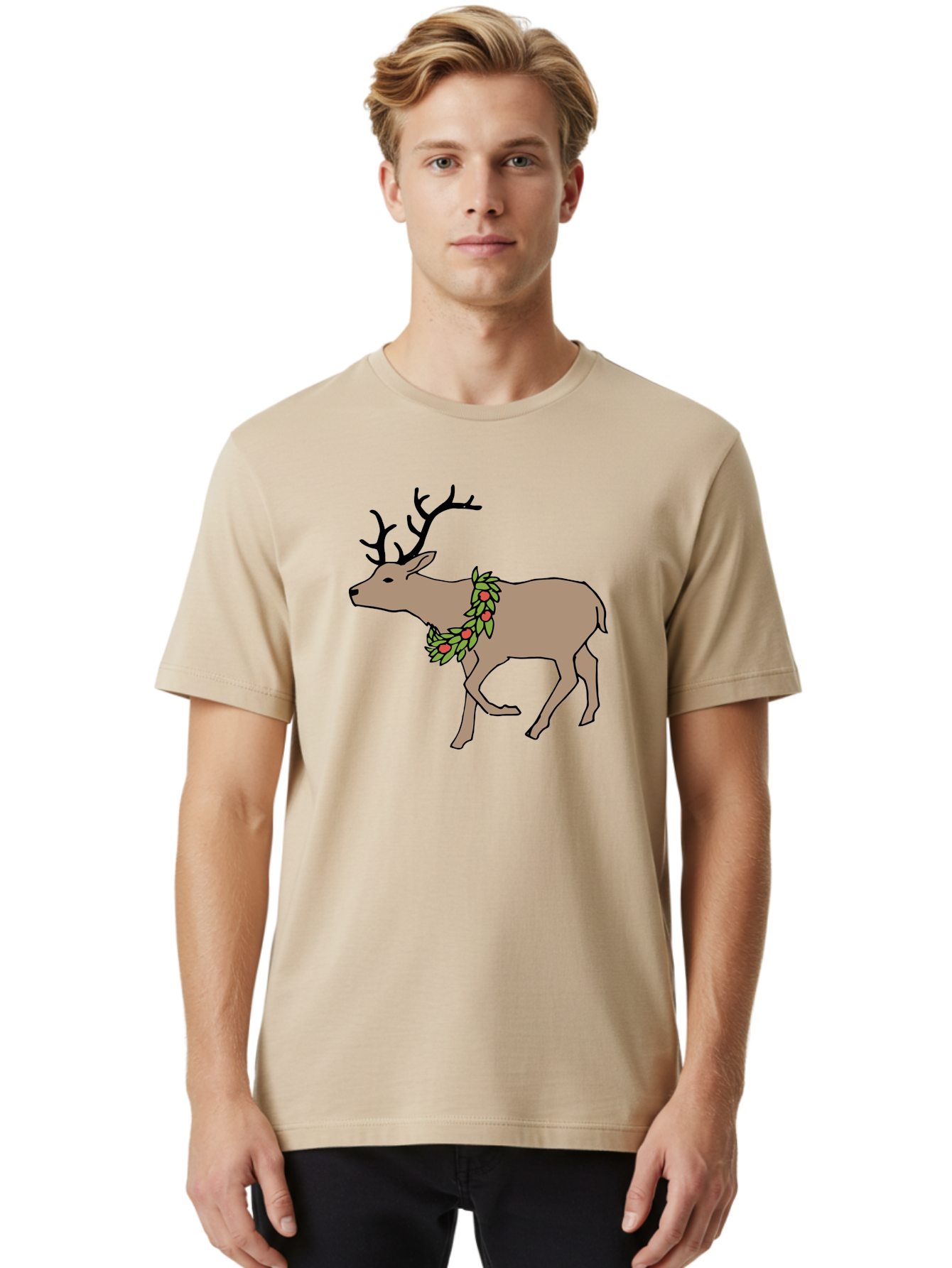 Deer-With-Holly Men'S Graphic Tee, 100% Cotton, Comfortable Casual Summer Wear, Machine Washable, Reindeer With Holly Wreath, Festive Deer, Christmas Reindeer, Holly Berries, Winter Season, Holiday Graphics, Cartoon Deer -  Aaa852