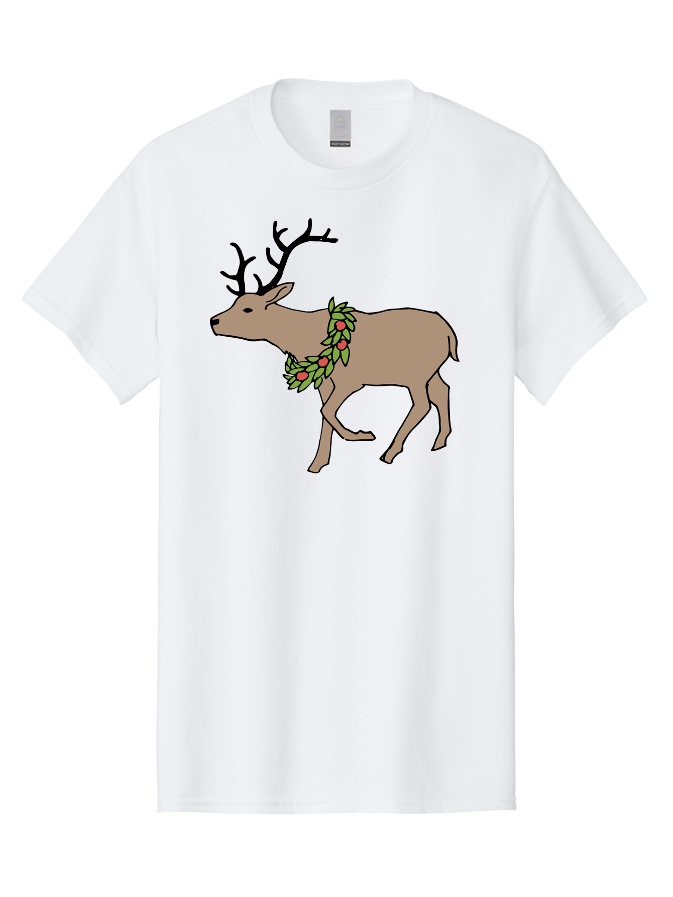 Deer-With-Holly Men'S Graphic Tee, 100% Cotton, Comfortable Casual Summer Wear, Machine Washable, Reindeer With Holly Wreath, Festive Deer, Christmas Reindeer, Holly Berries, Winter Season, Holiday Graphics, Cartoon Deer -  Aaa852