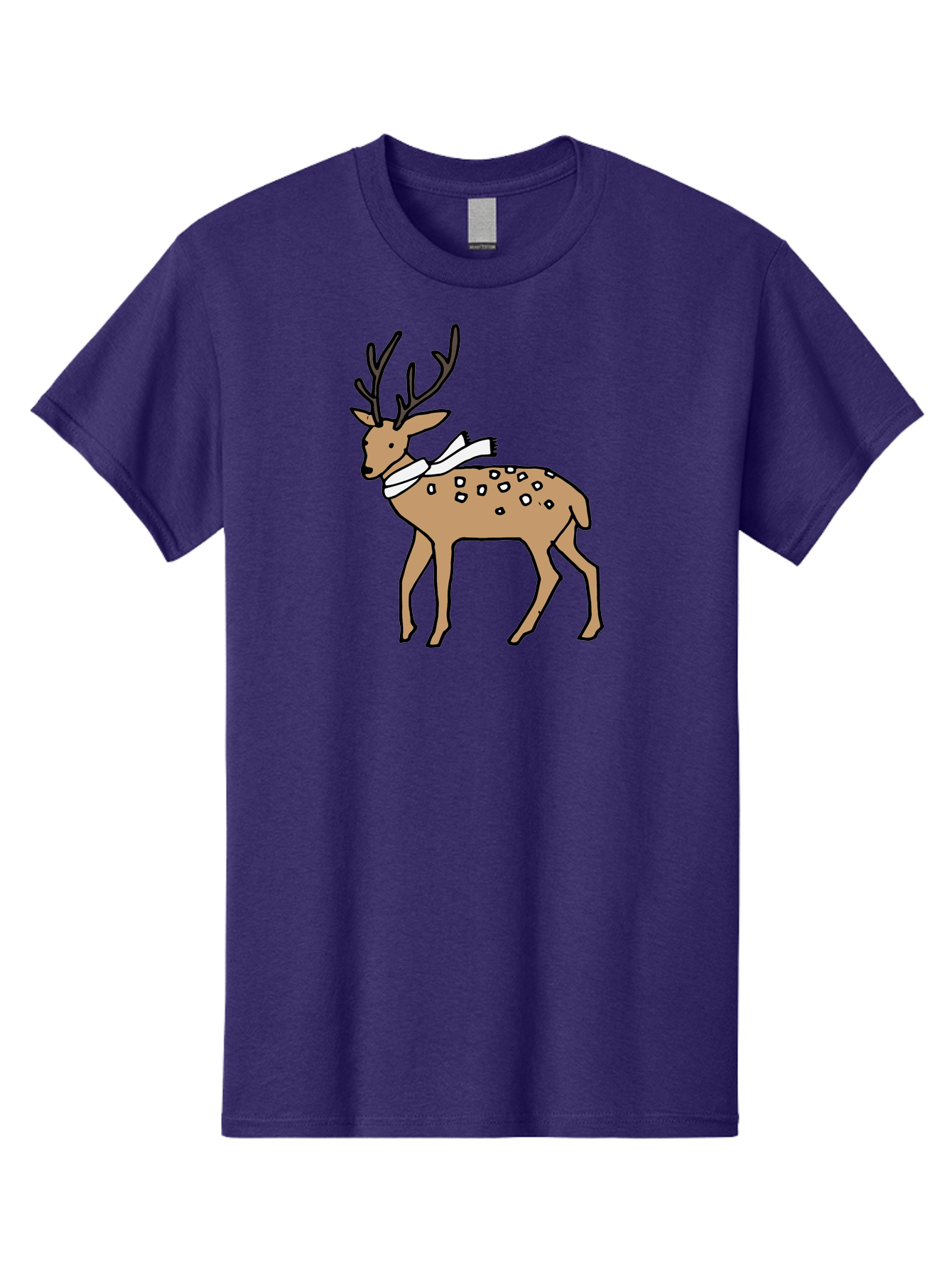 Deer-With-Scarf Men'S Graphic Tee, 100% Cotton, Comfortable Casual Summer Wear, Machine Washable, Cartoon Deer, Brown Deer, White Scarf, Black Spots, Festive Animal, Winter Illustration, Holiday Character, Deer Illustration, Scarf Wrapped, -  Aaa853