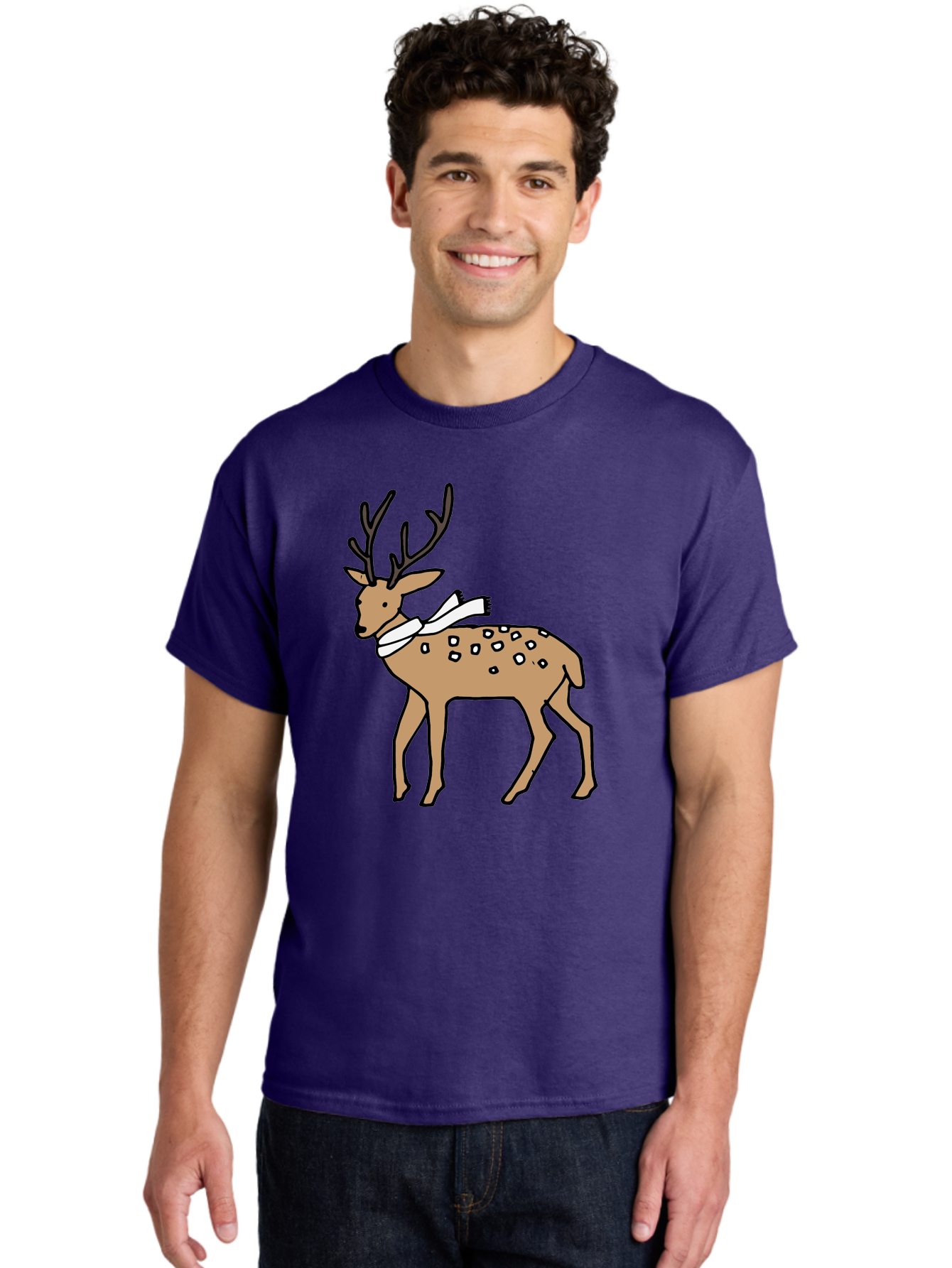 Deer-With-Scarf Men'S Graphic Tee, 100% Cotton, Comfortable Casual Summer Wear, Machine Washable, Cartoon Deer, Brown Deer, White Scarf, Black Spots, Festive Animal, Winter Illustration, Holiday Character, Deer Illustration, Scarf Wrapped, -  Aaa853