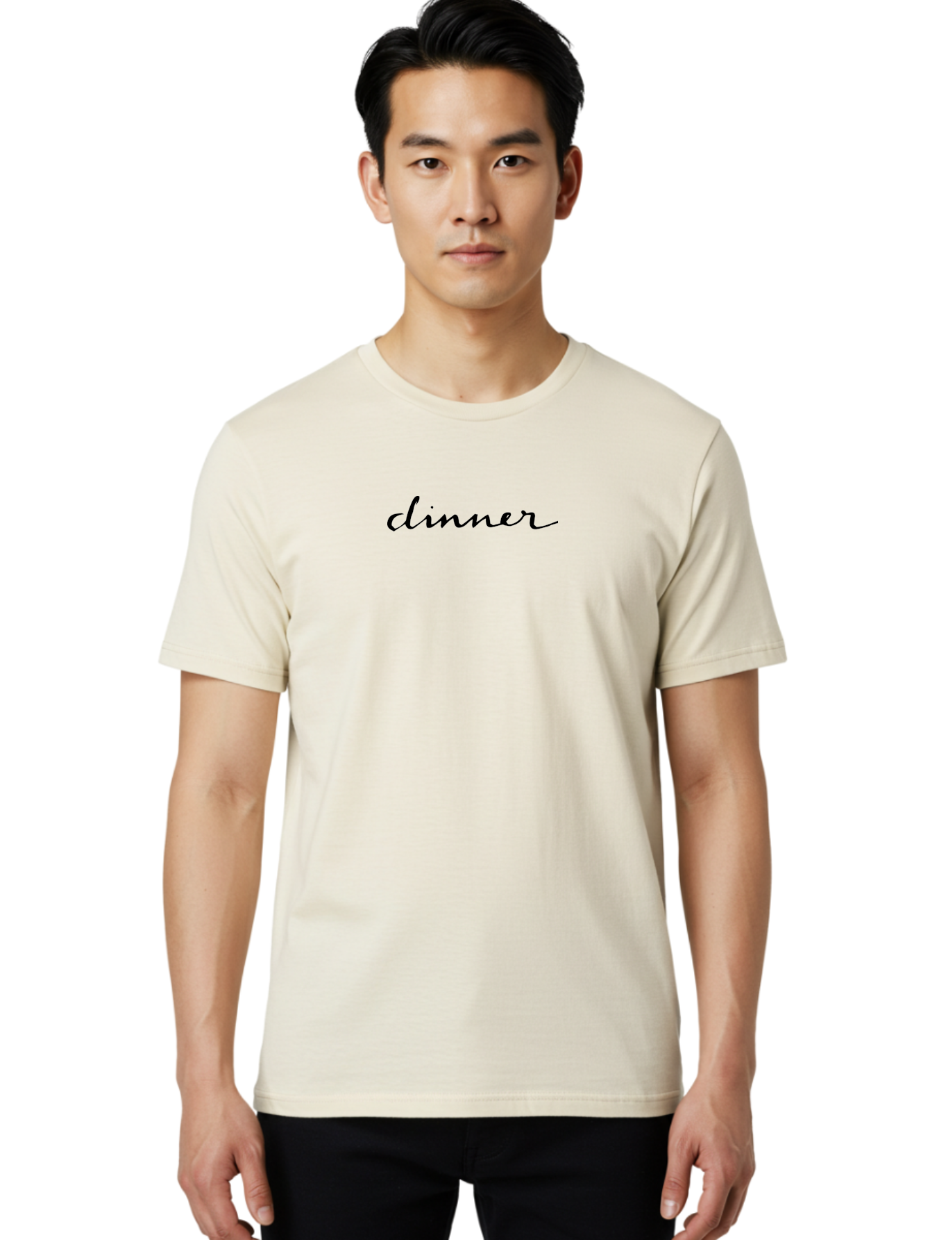 Dinner-1 Men'S Graphic Tee, 100% Cotton, Comfortable Casual Summer Wear, Machine Washable, Dinner, Elegant Script, Cursive Font, Simple Design, Minimalist Style, Black Text -  Aaa856