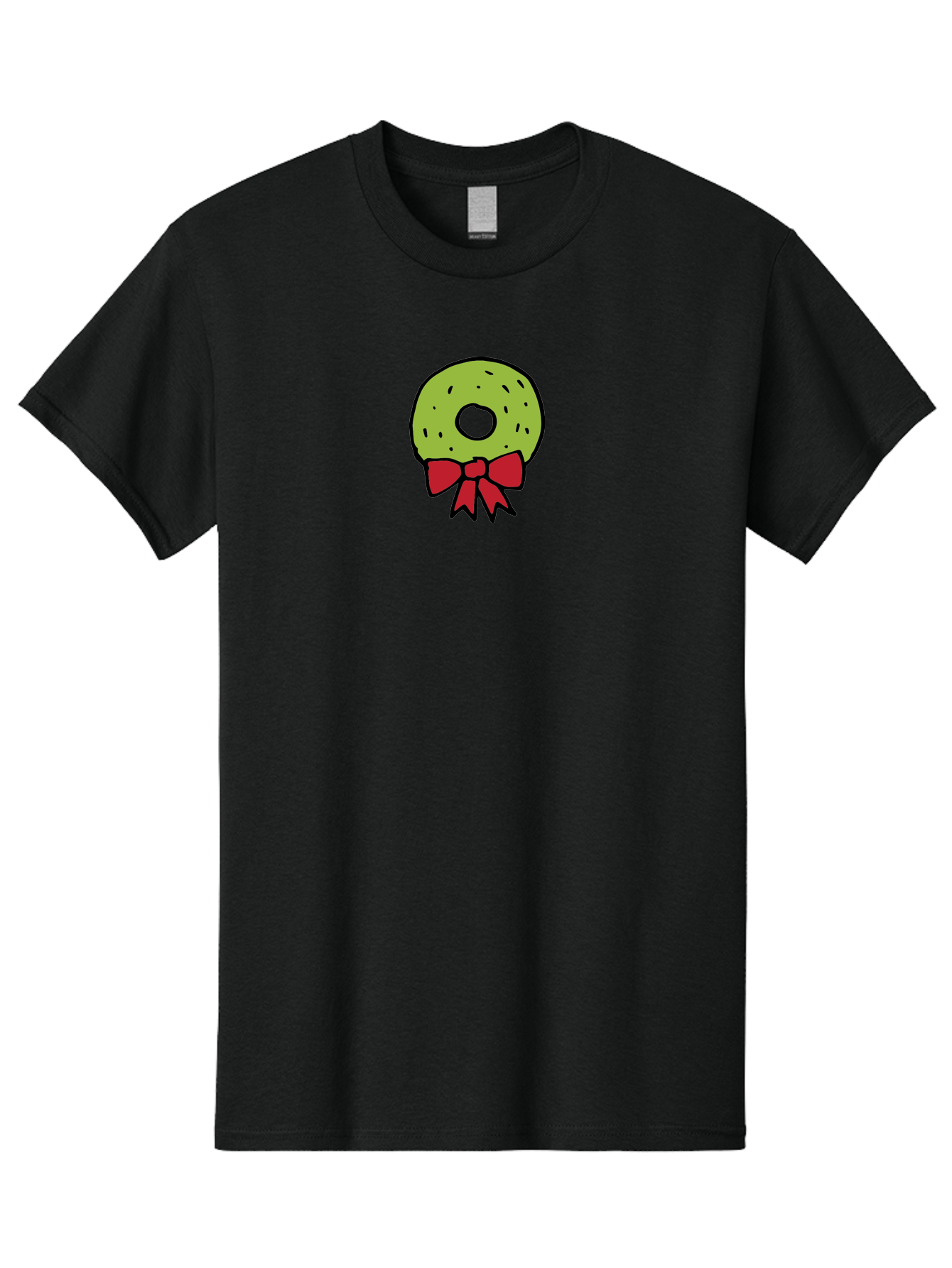 Donut-With-Red-Bow Men'S Graphic Tee, 100% Cotton, Comfortable Casual Summer Wear, Machine Washable, Cartoon Donut, Sweet Treat, Red Bow, Black Outline, Green Frosting, Pop Art Style, Fun Illustration, Tasty Pastry, Creative Artwork -  Aaa861