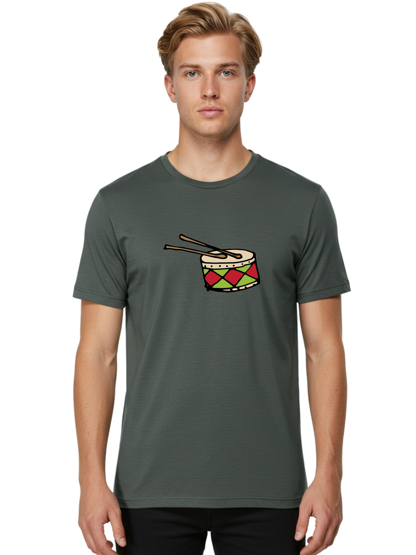 Drum-With-Drumsticks Men'S Graphic Tee, 100% Cotton, Comfortable Casual Summer Wear, Machine Washable, Drum With Drumsticks, Percussion Instrument, Music, Rhythm, Red And Green Design, Drumming, Musical Instrument -  Aaa865