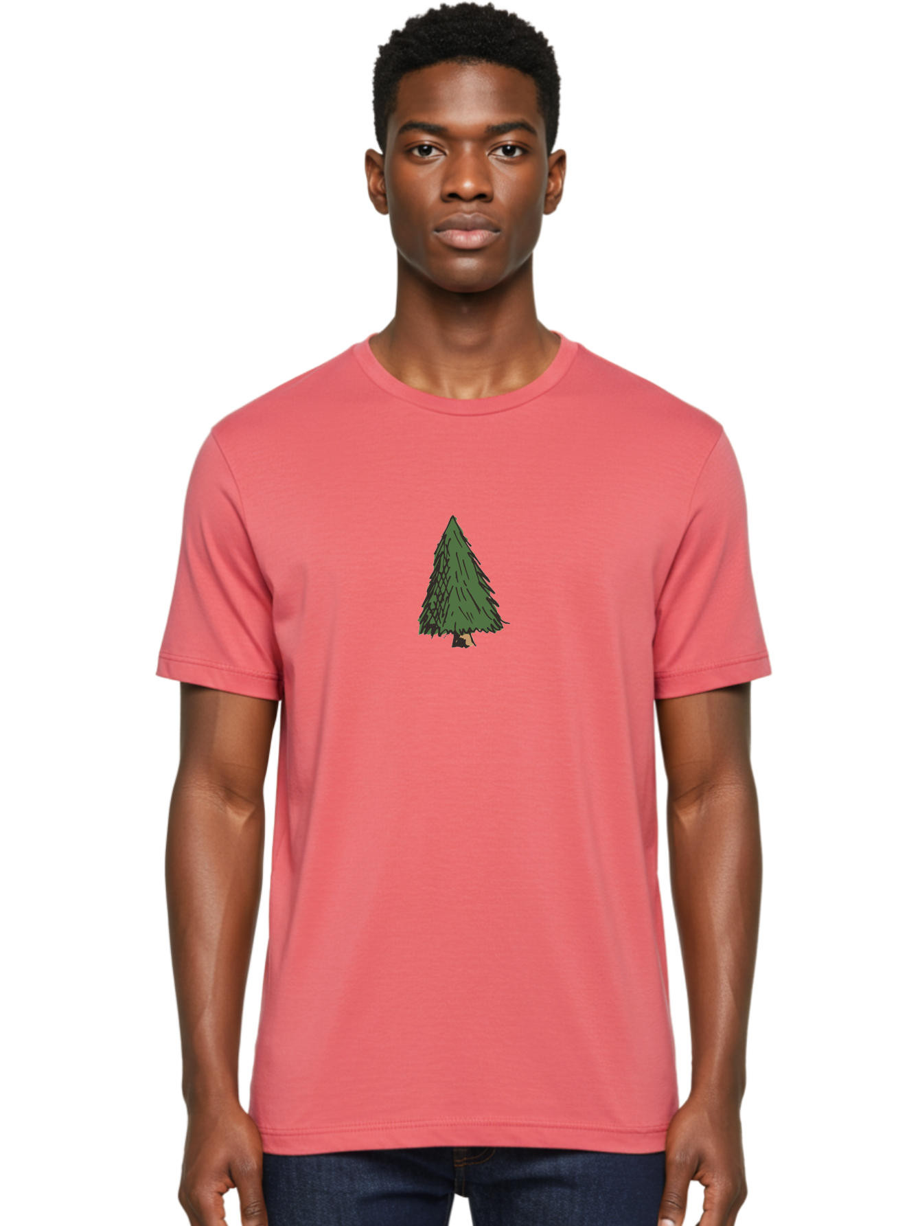 Evergreen-Tree Men'S Graphic Tee, 100% Cotton, Comfortable Casual Summer Wear, Machine Washable, Evergreen Tree, Simple Illustration, Cartoon Style, Conical Shape, Dark Green Foliage, Brown Trunk, Minimalist Design, Digital Art, -  Aaa870