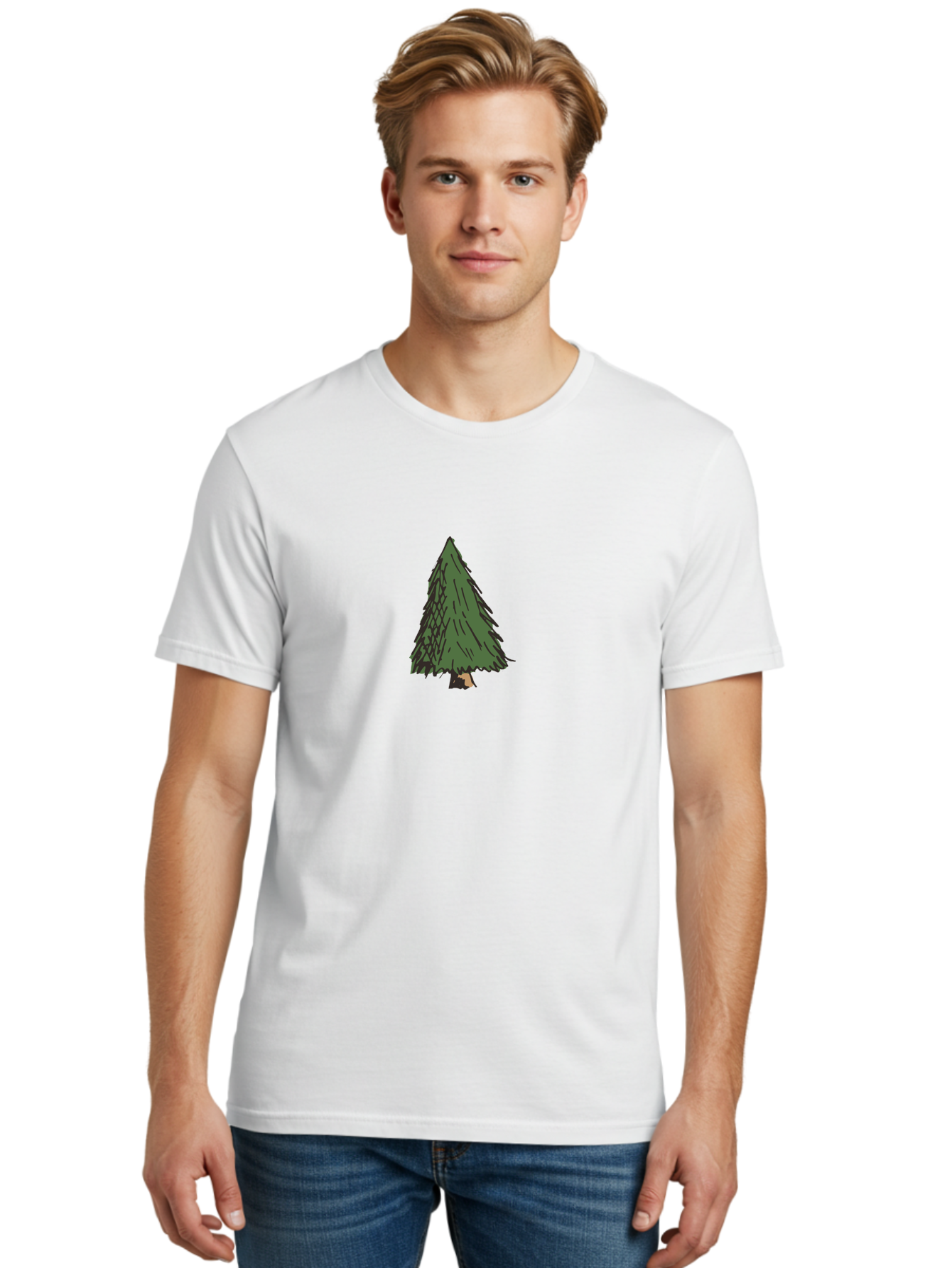 Evergreen-Tree Men'S Graphic Tee, 100% Cotton, Comfortable Casual Summer Wear, Machine Washable, Evergreen Tree, Simple Illustration, Cartoon Style, Conical Shape, Dark Green Foliage, Brown Trunk, Minimalist Design, Digital Art, -  Aaa870