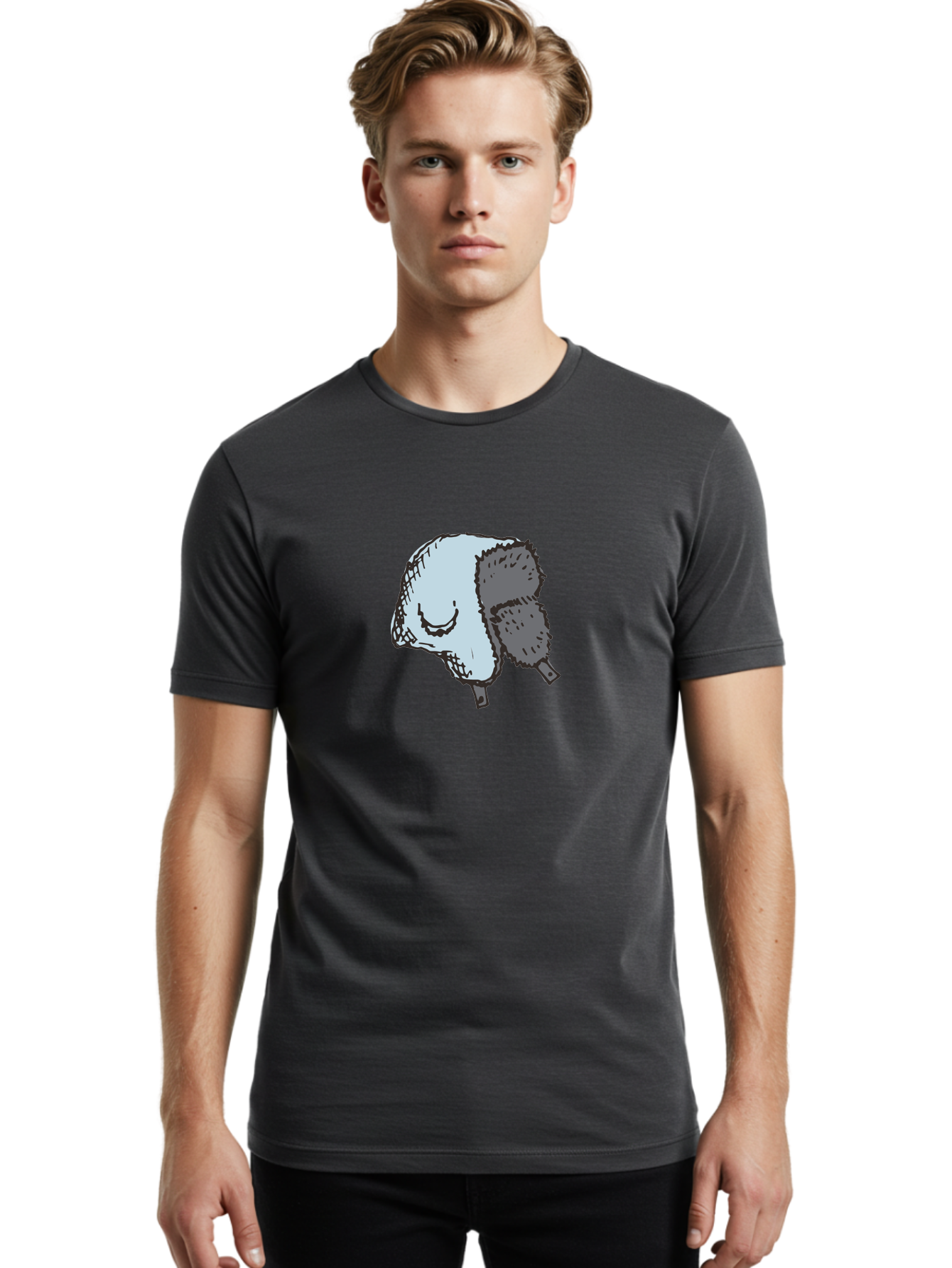 Fleece-Headband Men'S Graphic Tee, 100% Cotton, Comfortable Casual Summer Wear, Machine Washable, Cartoon Shearwater, Seabird Illustration, Simple Artwork, Grey Bird, Cute Smile, Avian Species, Marine Life, Bird Watching, Wildlife, -  Aaa884