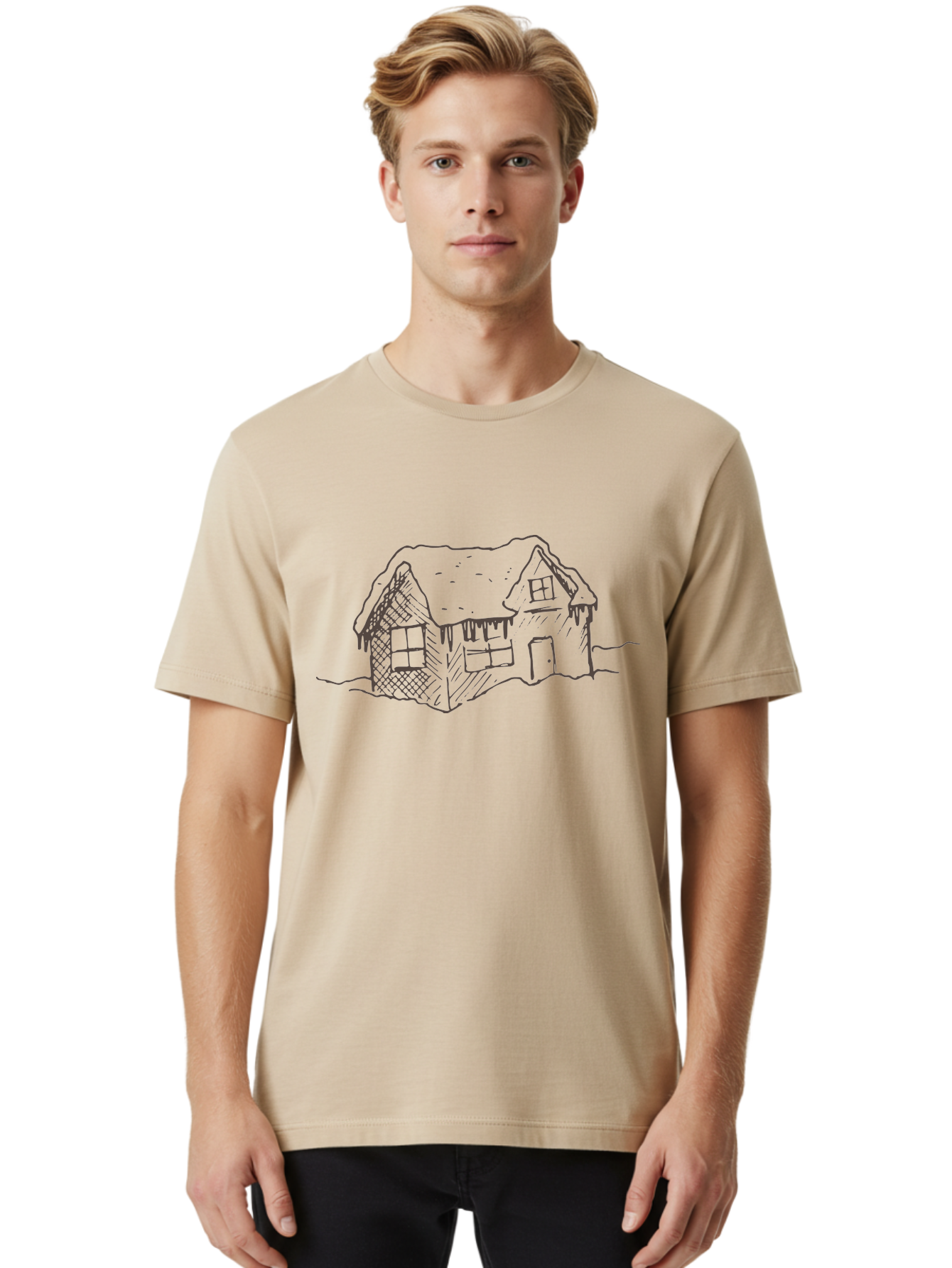 Gingerbread-House Men'S Graphic Tee, 100% Cotton, Comfortable Casual Summer Wear, Machine Washable, Whimsical House, Simple Drawing, Sketch Art, Cottage Design, Dreamy Architecture, Charming Abode, Rustic Charm, Hand-Drawn Illustration -  Aaa896