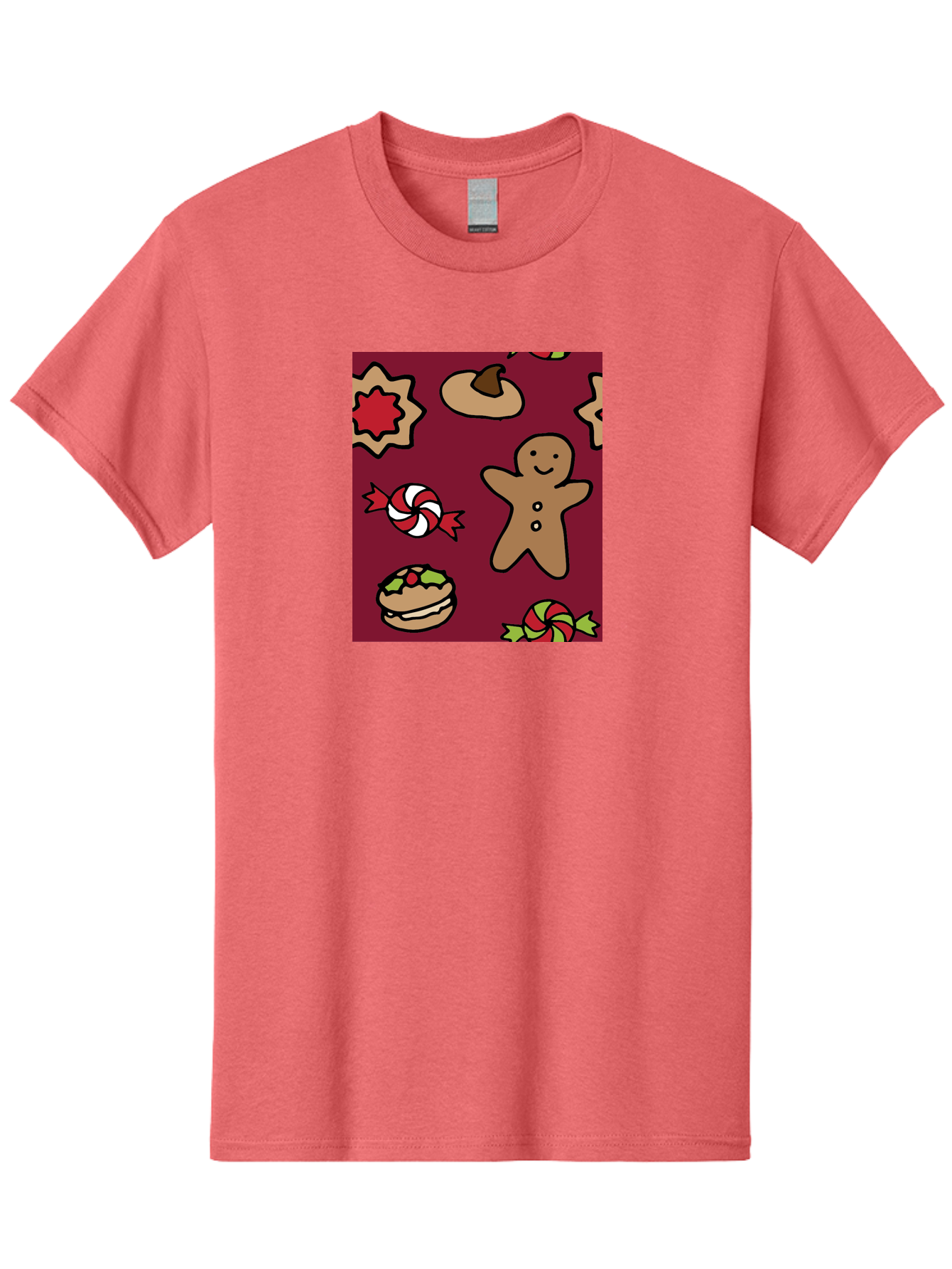 Gingerbread-Man Men'S Graphic Tee, 100% Cotton, Comfortable Casual Summer Wear, Machine Washable, Gingerbread Man, Christmas Sweets, Candies, Cookies, Festive Treats, Holiday Delights, Red And White Swirls, Christmas Cookies, -  Aaa903