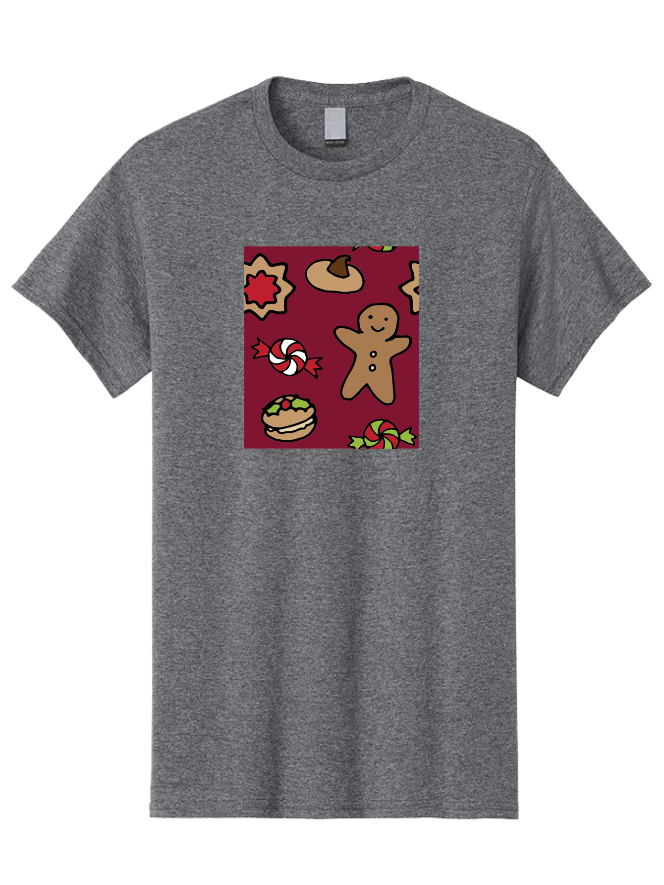 Gingerbread-Man Men'S Graphic Tee, 100% Cotton, Comfortable Casual Summer Wear, Machine Washable, Gingerbread Man, Christmas Sweets, Candies, Cookies, Festive Treats, Holiday Delights, Red And White Swirls, Christmas Cookies, -  Aaa903