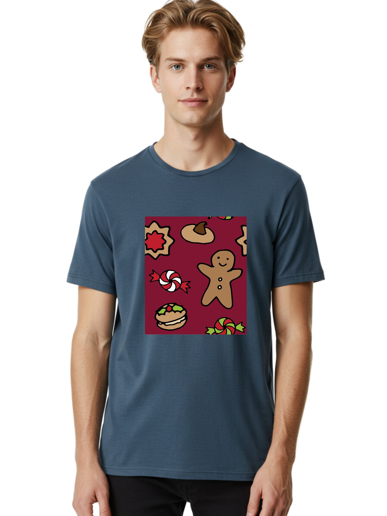 Gingerbread-Man Men'S Graphic Tee, 100% Cotton, Comfortable Casual Summer Wear, Machine Washable, Gingerbread Man, Christmas Sweets, Candies, Cookies, Festive Treats, Holiday Delights, Red And White Swirls, Christmas Cookies, -  Aaa903