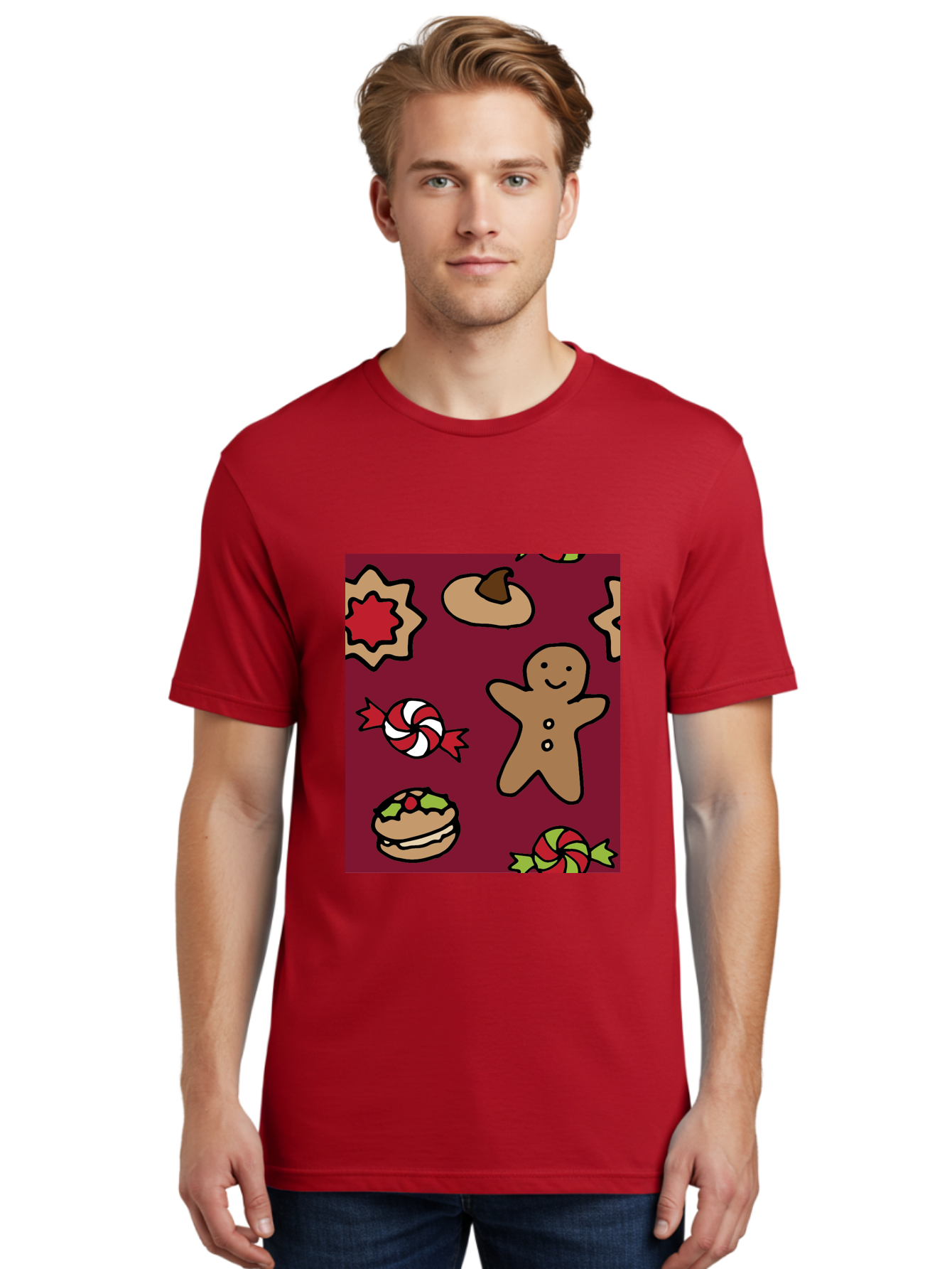 Gingerbread-Man Men'S Graphic Tee, 100% Cotton, Comfortable Casual Summer Wear, Machine Washable, Gingerbread Man, Christmas Sweets, Candies, Cookies, Festive Treats, Holiday Delights, Red And White Swirls, Christmas Cookies, -  Aaa903