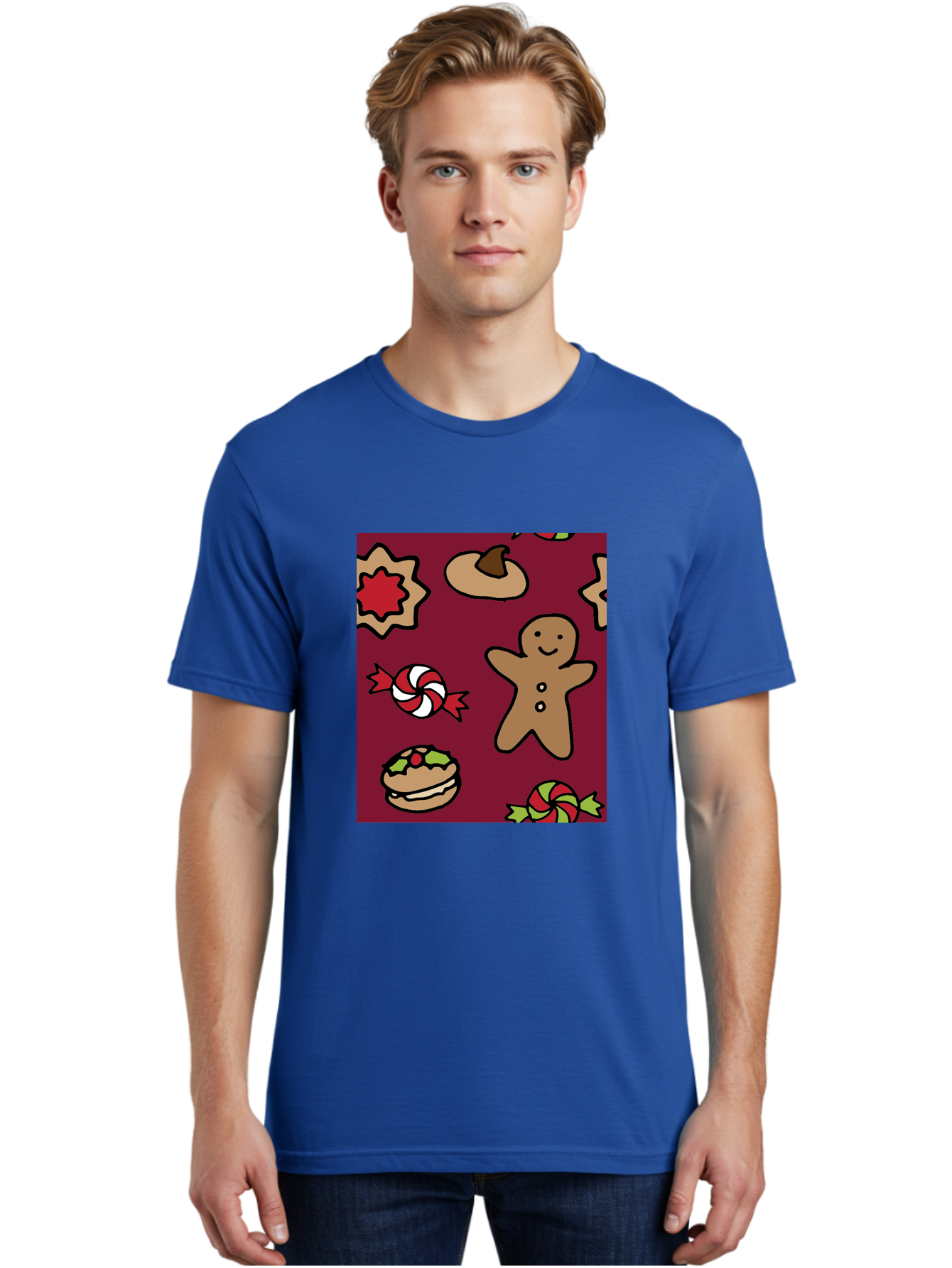 Gingerbread-Man Men'S Graphic Tee, 100% Cotton, Comfortable Casual Summer Wear, Machine Washable, Gingerbread Man, Christmas Sweets, Candies, Cookies, Festive Treats, Holiday Delights, Red And White Swirls, Christmas Cookies, -  Aaa903