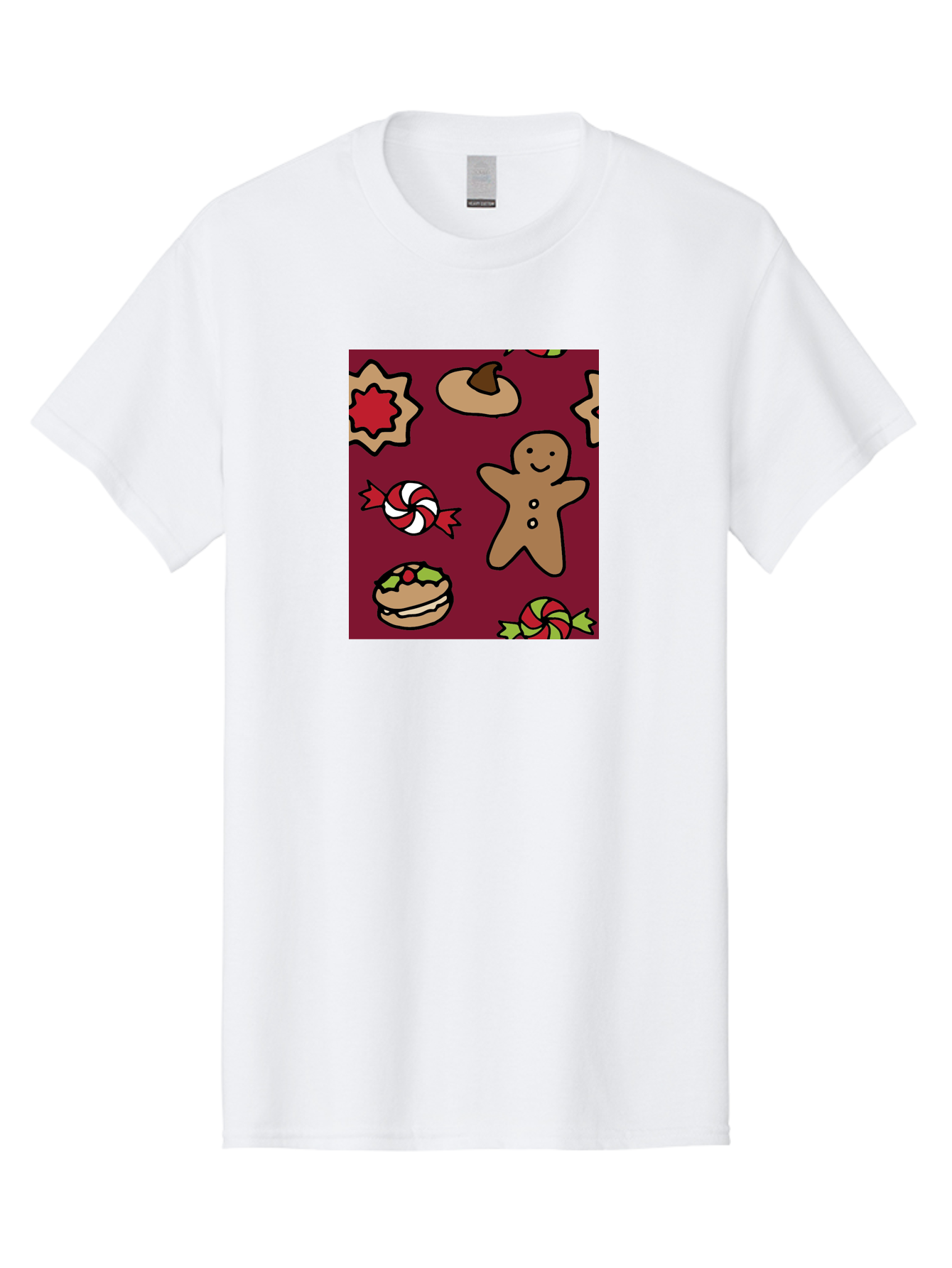 Gingerbread-Man Men'S Graphic Tee, 100% Cotton, Comfortable Casual Summer Wear, Machine Washable, Gingerbread Man, Christmas Sweets, Candies, Cookies, Festive Treats, Holiday Delights, Red And White Swirls, Christmas Cookies, -  Aaa903