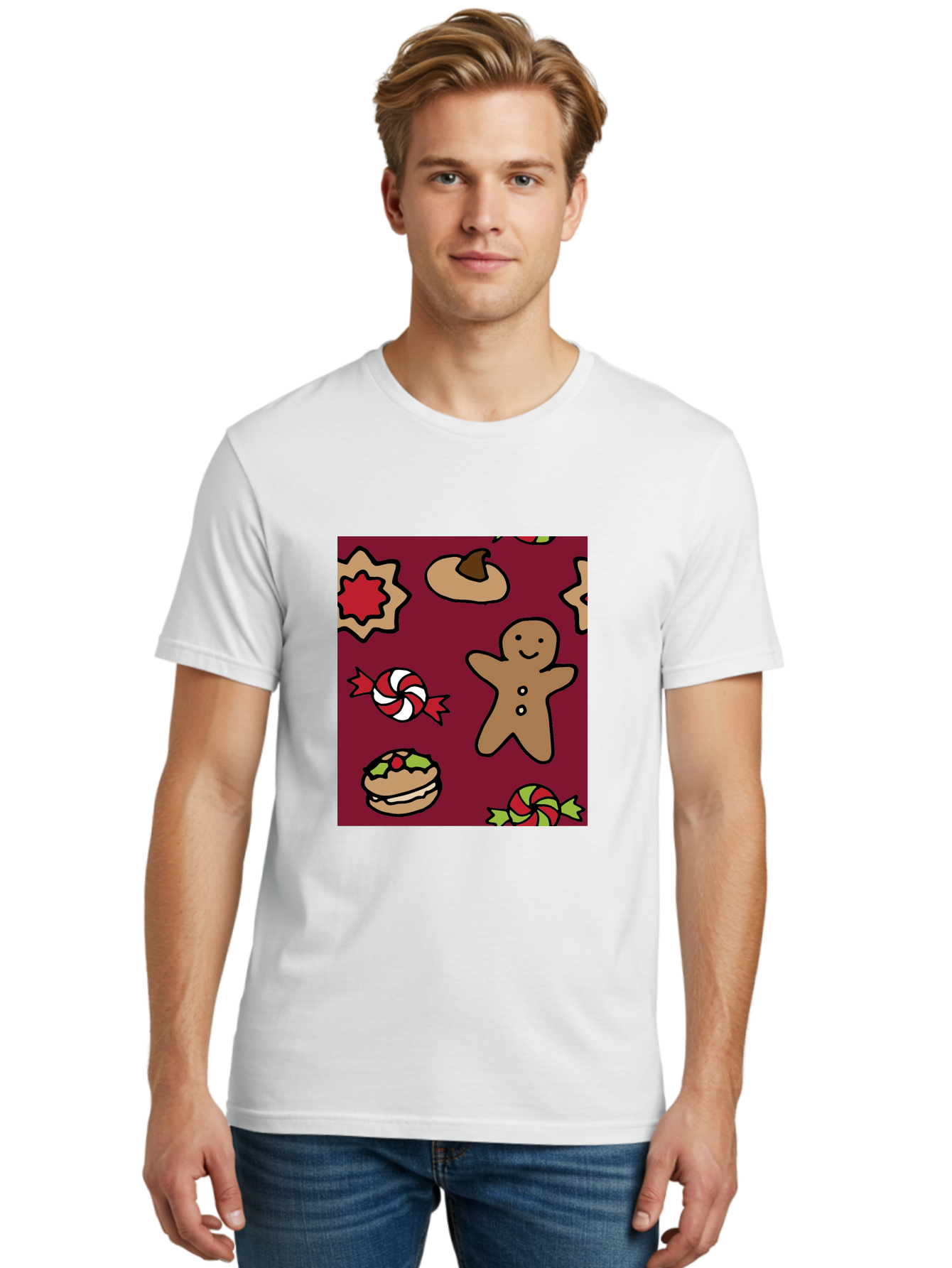 Gingerbread-Man Men'S Graphic Tee, 100% Cotton, Comfortable Casual Summer Wear, Machine Washable, Gingerbread Man, Christmas Sweets, Candies, Cookies, Festive Treats, Holiday Delights, Red And White Swirls, Christmas Cookies, -  Aaa903
