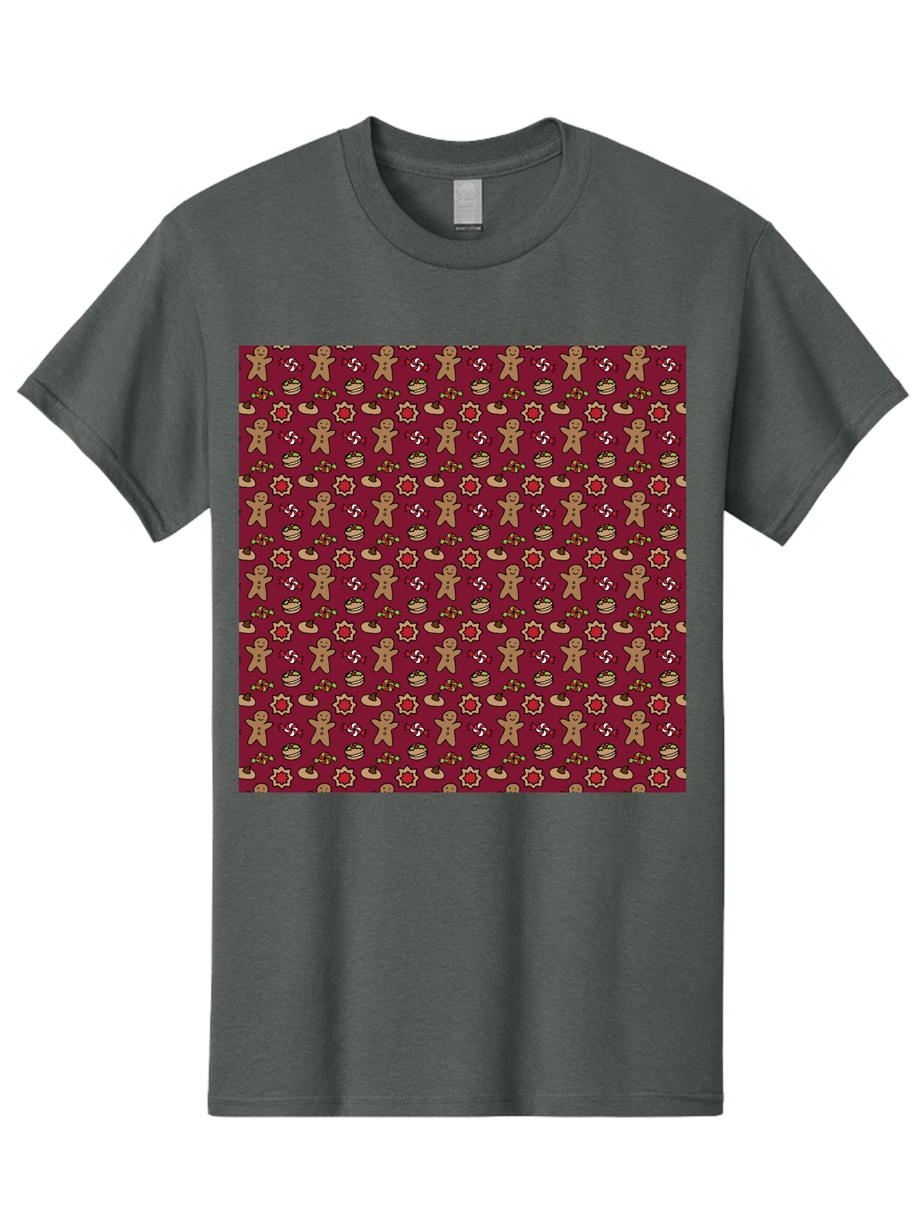 Gingerbread-Men-Pattern Men'S Graphic Tee, 100% Cotton, Comfortable Casual Summer Wear, Machine Washable, Gingerbread Men, Festive Holiday Pattern, Christmas Treats, Candy Canes, Cupcakes, Flowers, Red Background, Sweet Delights, Baking, -  Aaa904