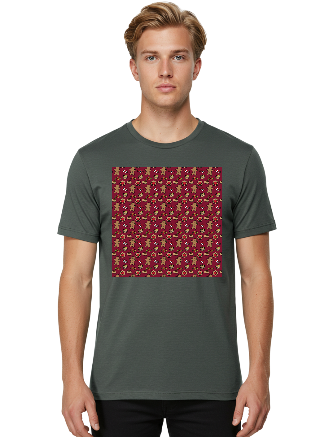 Gingerbread-Men-Pattern Men'S Graphic Tee, 100% Cotton, Comfortable Casual Summer Wear, Machine Washable, Gingerbread Men, Festive Holiday Pattern, Christmas Treats, Candy Canes, Cupcakes, Flowers, Red Background, Sweet Delights, Baking, -  Aaa904
