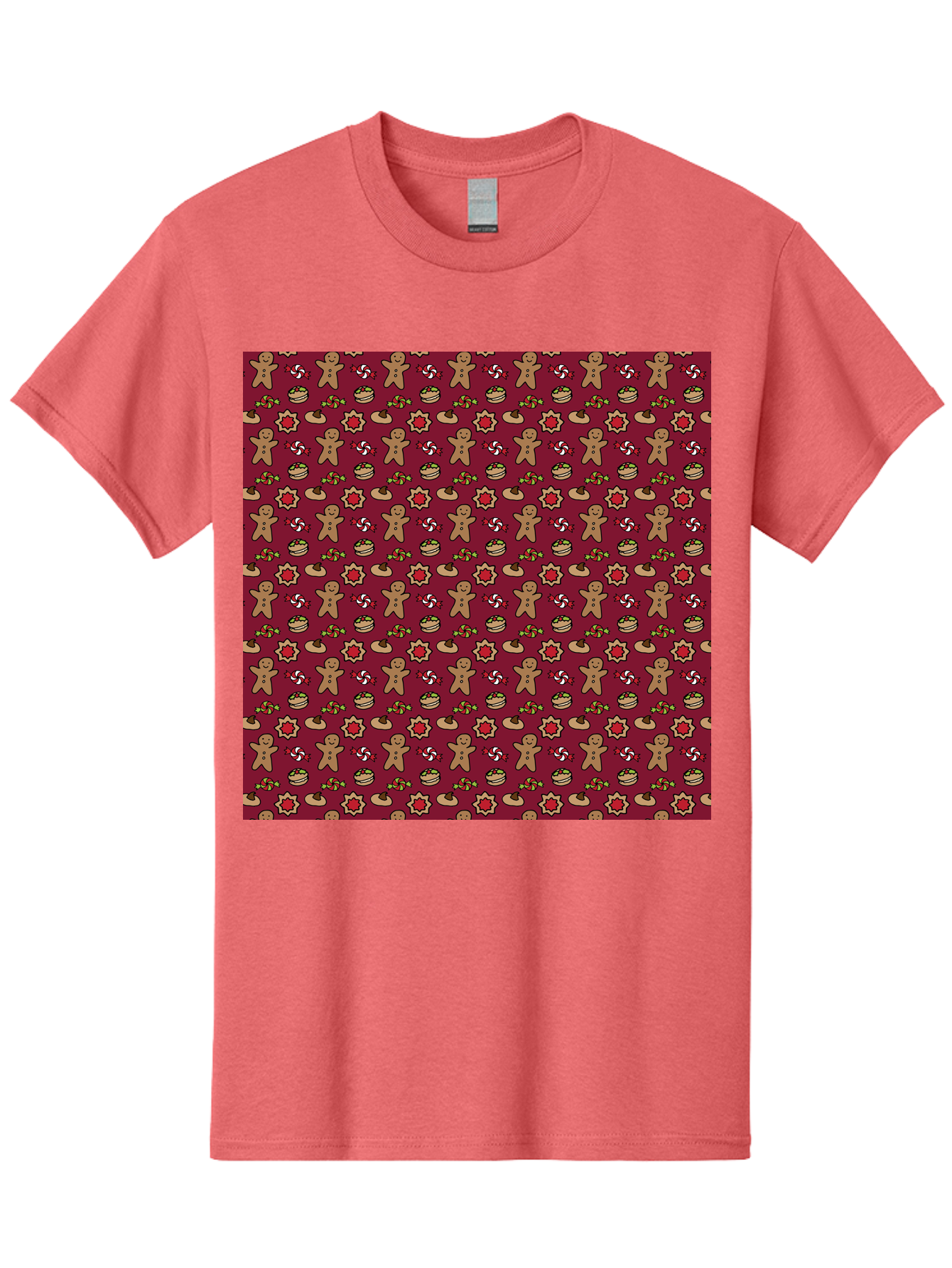 Gingerbread-Men-Pattern Men'S Graphic Tee, 100% Cotton, Comfortable Casual Summer Wear, Machine Washable, Gingerbread Men, Festive Holiday Pattern, Christmas Treats, Candy Canes, Cupcakes, Flowers, Red Background, Sweet Delights, Baking, -  Aaa904