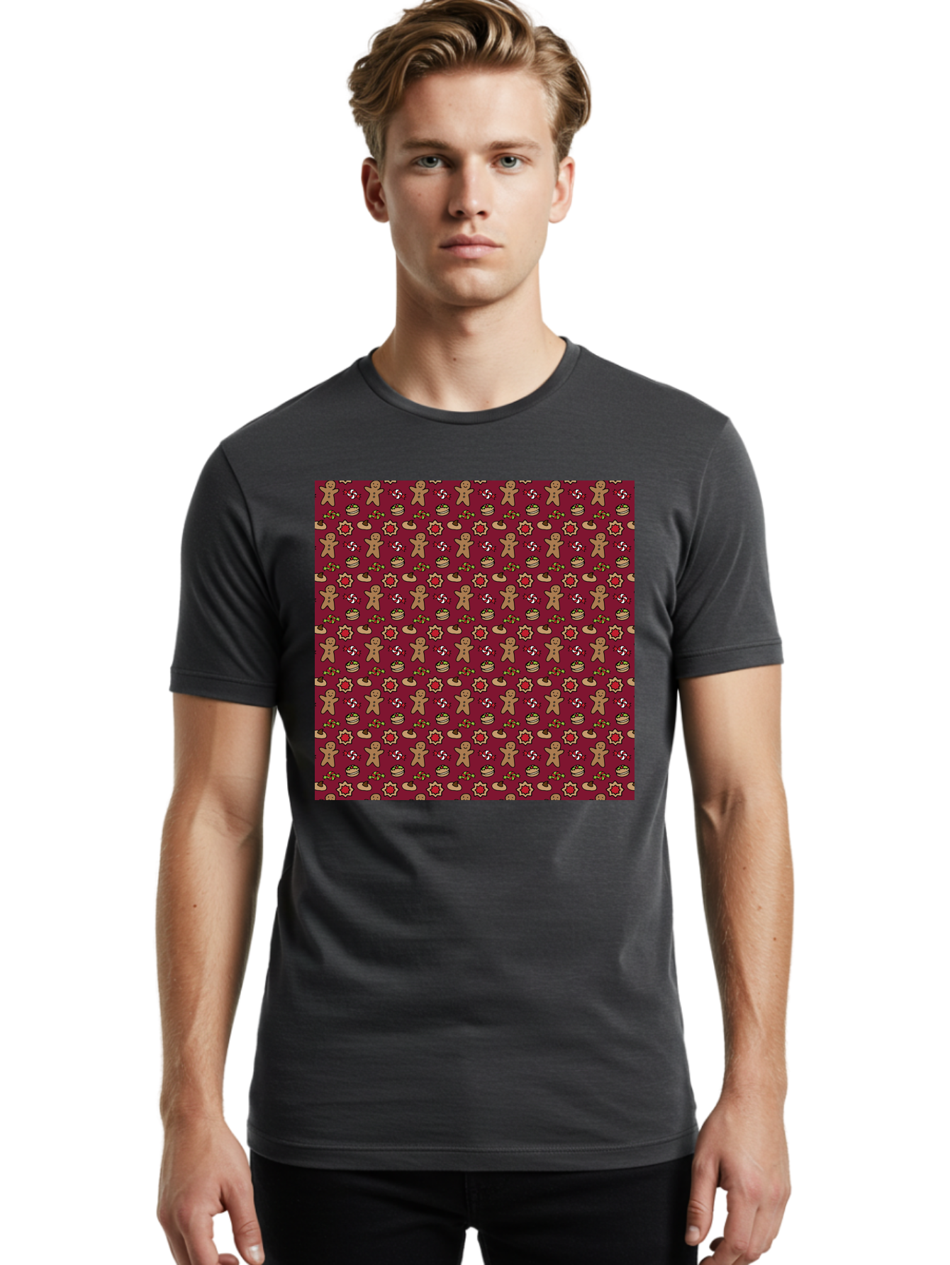 Gingerbread-Men-Pattern Men'S Graphic Tee, 100% Cotton, Comfortable Casual Summer Wear, Machine Washable, Gingerbread Men, Festive Holiday Pattern, Christmas Treats, Candy Canes, Cupcakes, Flowers, Red Background, Sweet Delights, Baking, -  Aaa904