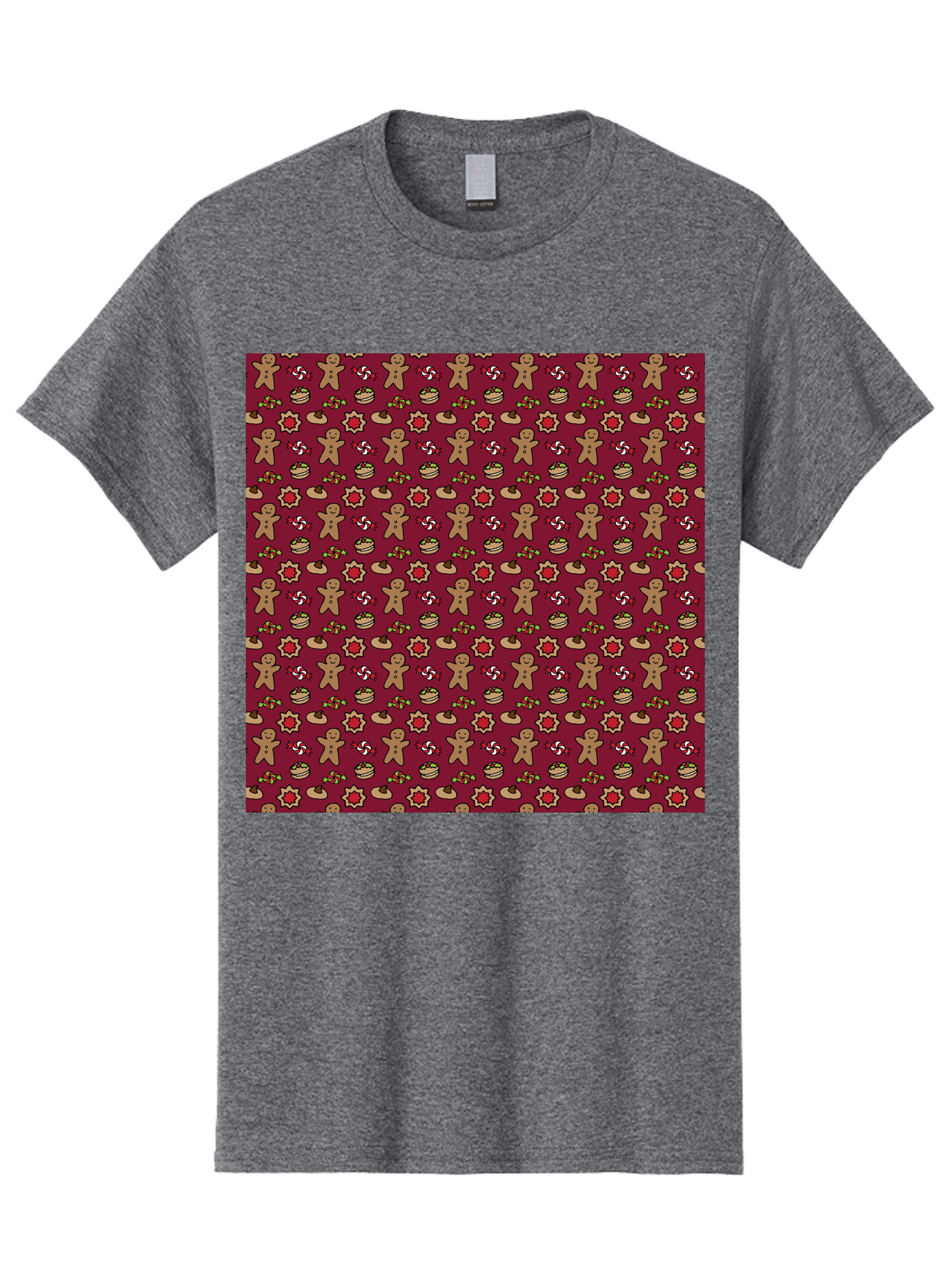 Gingerbread-Men-Pattern Men'S Graphic Tee, 100% Cotton, Comfortable Casual Summer Wear, Machine Washable, Gingerbread Men, Festive Holiday Pattern, Christmas Treats, Candy Canes, Cupcakes, Flowers, Red Background, Sweet Delights, Baking, -  Aaa904