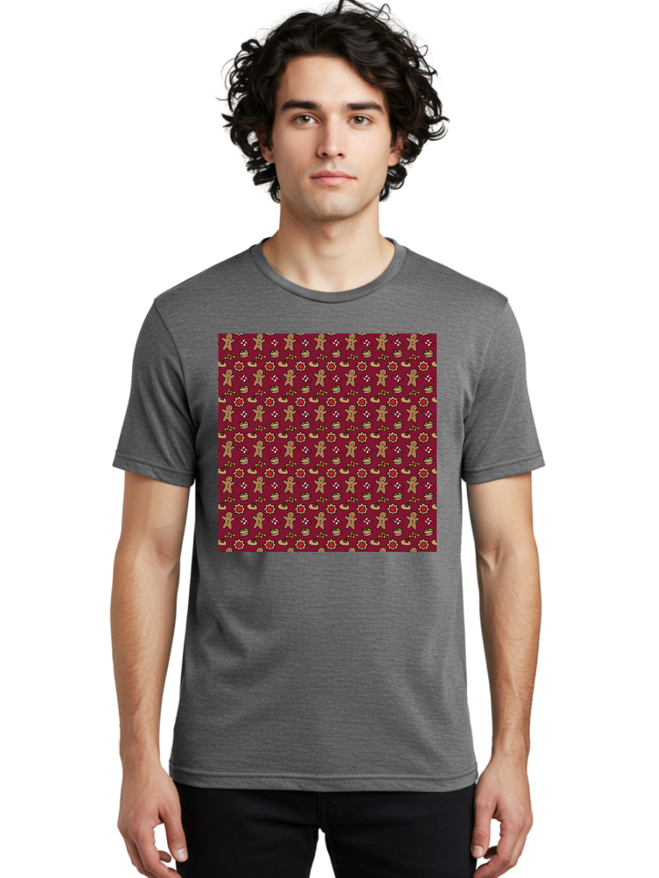 Gingerbread-Men-Pattern Men'S Graphic Tee, 100% Cotton, Comfortable Casual Summer Wear, Machine Washable, Gingerbread Men, Festive Holiday Pattern, Christmas Treats, Candy Canes, Cupcakes, Flowers, Red Background, Sweet Delights, Baking, -  Aaa904