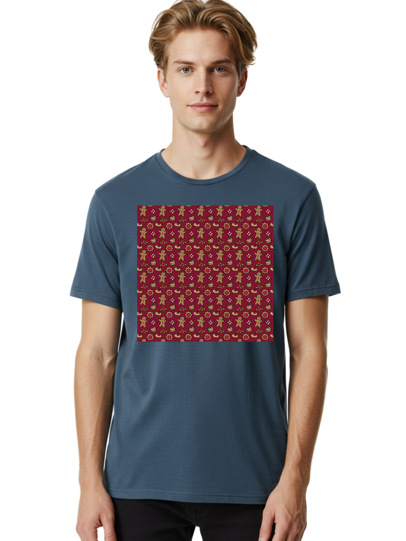 Gingerbread-Men-Pattern Men'S Graphic Tee, 100% Cotton, Comfortable Casual Summer Wear, Machine Washable, Gingerbread Men, Festive Holiday Pattern, Christmas Treats, Candy Canes, Cupcakes, Flowers, Red Background, Sweet Delights, Baking, -  Aaa904