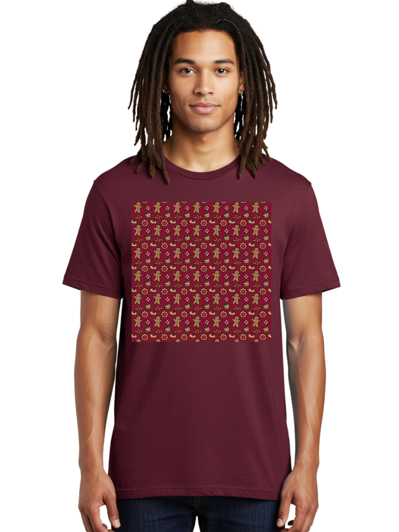 Gingerbread-Men-Pattern Men'S Graphic Tee, 100% Cotton, Comfortable Casual Summer Wear, Machine Washable, Gingerbread Men, Festive Holiday Pattern, Christmas Treats, Candy Canes, Cupcakes, Flowers, Red Background, Sweet Delights, Baking, -  Aaa904