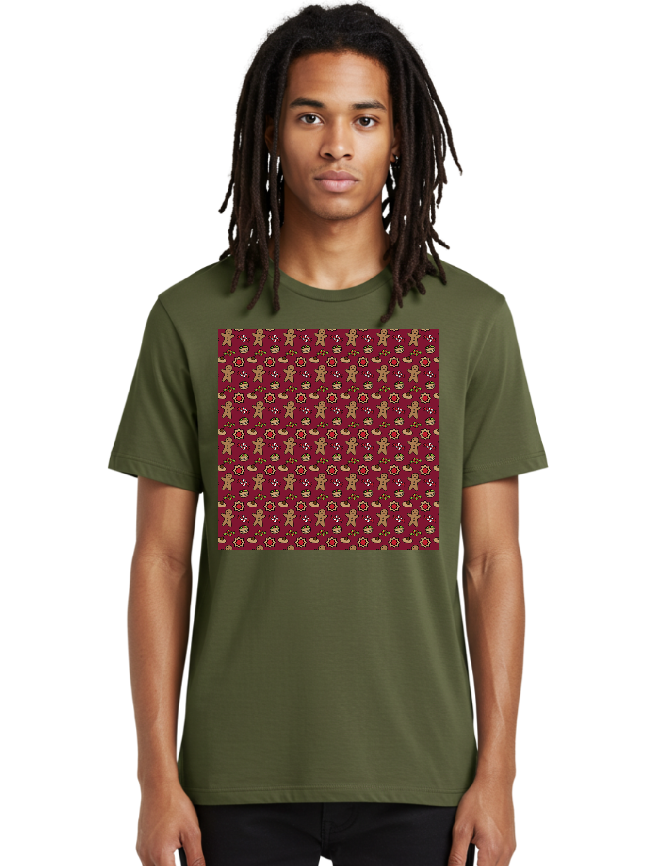 Gingerbread-Men-Pattern Men'S Graphic Tee, 100% Cotton, Comfortable Casual Summer Wear, Machine Washable, Gingerbread Men, Festive Holiday Pattern, Christmas Treats, Candy Canes, Cupcakes, Flowers, Red Background, Sweet Delights, Baking, -  Aaa904