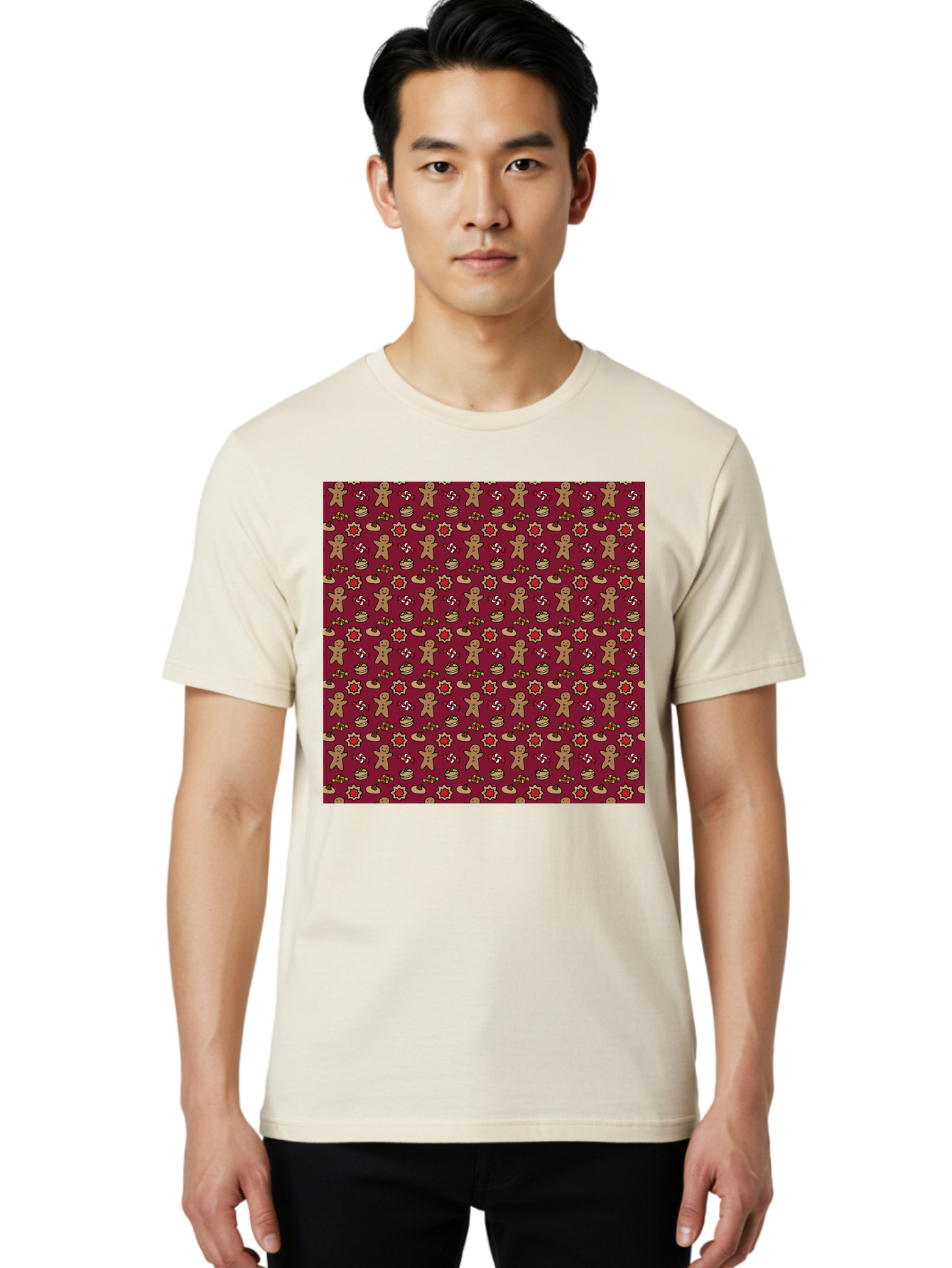 Gingerbread-Men-Pattern Men'S Graphic Tee, 100% Cotton, Comfortable Casual Summer Wear, Machine Washable, Gingerbread Men, Festive Holiday Pattern, Christmas Treats, Candy Canes, Cupcakes, Flowers, Red Background, Sweet Delights, Baking, -  Aaa904