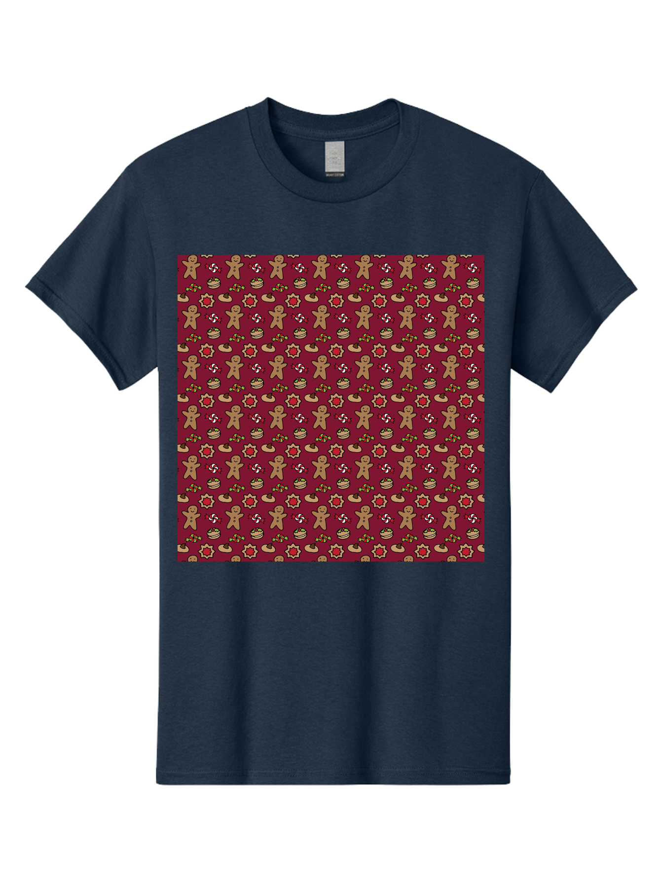 Gingerbread-Men-Pattern Men'S Graphic Tee, 100% Cotton, Comfortable Casual Summer Wear, Machine Washable, Gingerbread Men, Festive Holiday Pattern, Christmas Treats, Candy Canes, Cupcakes, Flowers, Red Background, Sweet Delights, Baking, -  Aaa904