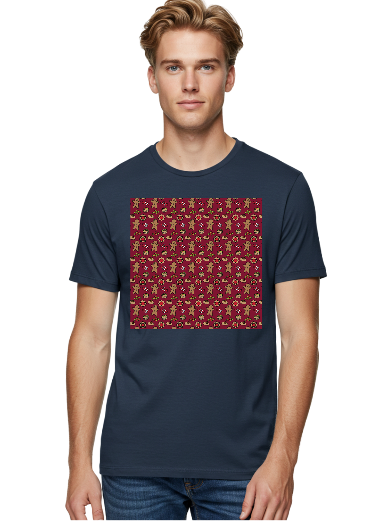 Gingerbread-Men-Pattern Men'S Graphic Tee, 100% Cotton, Comfortable Casual Summer Wear, Machine Washable, Gingerbread Men, Festive Holiday Pattern, Christmas Treats, Candy Canes, Cupcakes, Flowers, Red Background, Sweet Delights, Baking, -  Aaa904