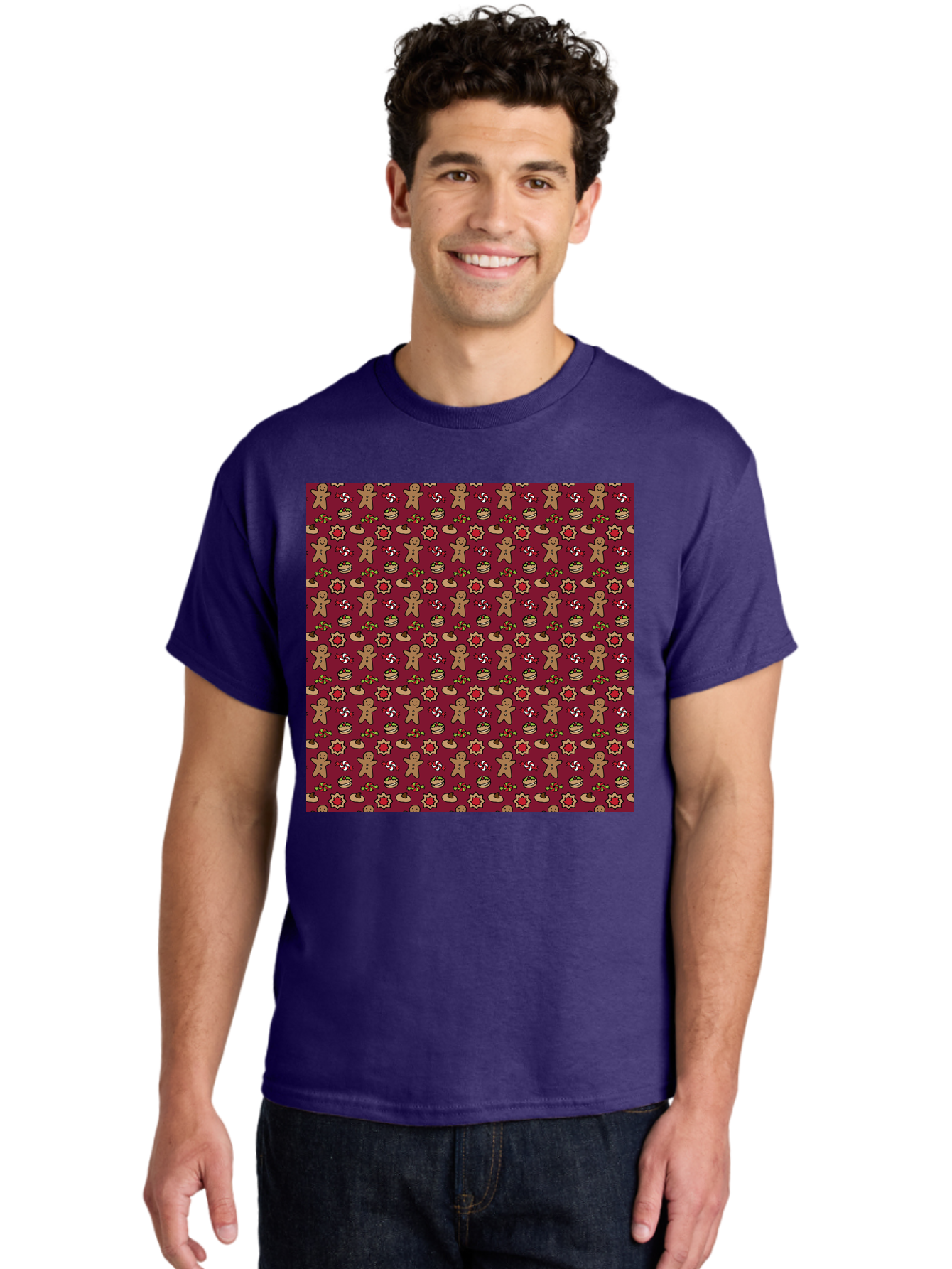 Gingerbread-Men-Pattern Men'S Graphic Tee, 100% Cotton, Comfortable Casual Summer Wear, Machine Washable, Gingerbread Men, Festive Holiday Pattern, Christmas Treats, Candy Canes, Cupcakes, Flowers, Red Background, Sweet Delights, Baking, -  Aaa904