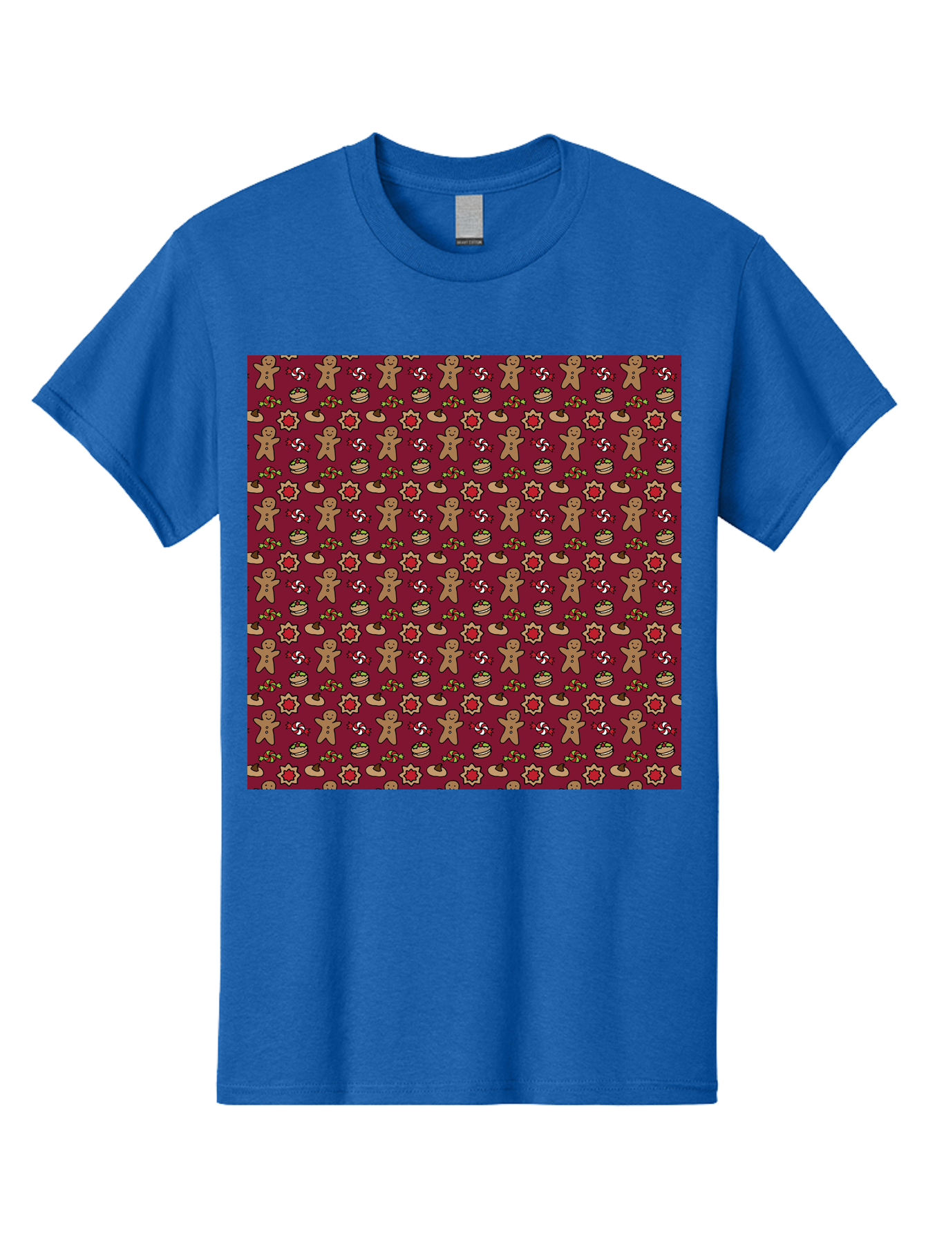 Gingerbread-Men-Pattern Men'S Graphic Tee, 100% Cotton, Comfortable Casual Summer Wear, Machine Washable, Gingerbread Men, Festive Holiday Pattern, Christmas Treats, Candy Canes, Cupcakes, Flowers, Red Background, Sweet Delights, Baking, -  Aaa904
