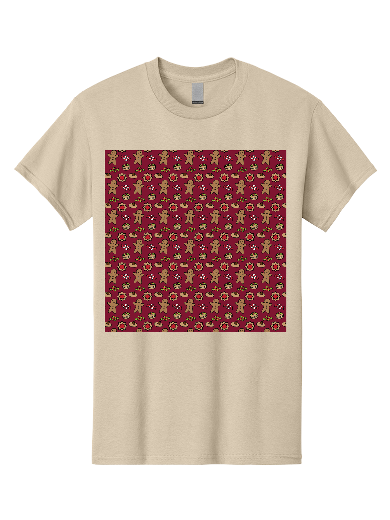 Gingerbread-Men-Pattern Men'S Graphic Tee, 100% Cotton, Comfortable Casual Summer Wear, Machine Washable, Gingerbread Men, Festive Holiday Pattern, Christmas Treats, Candy Canes, Cupcakes, Flowers, Red Background, Sweet Delights, Baking, -  Aaa904